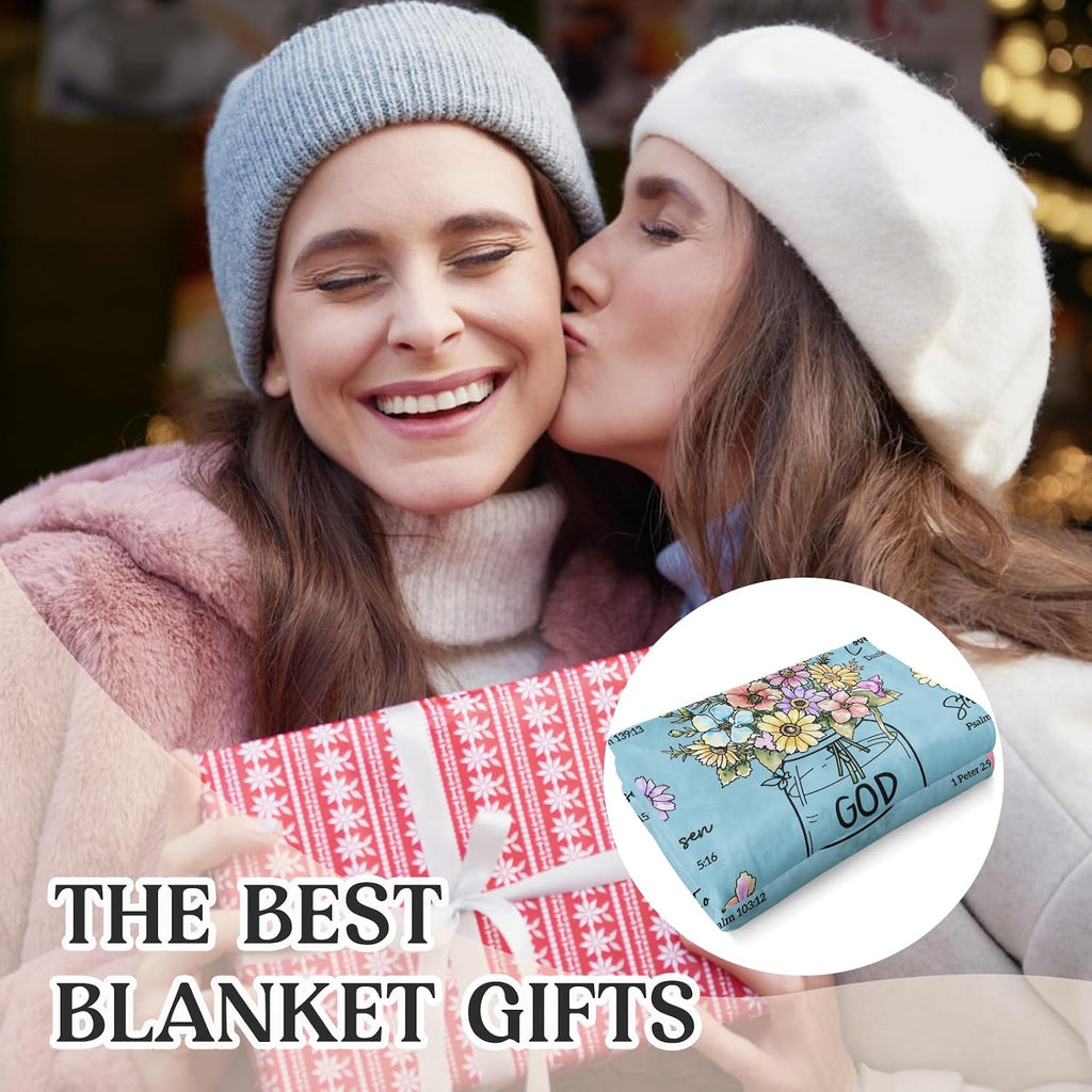 Christian Gifts for Women, Christian Blanket with Flowers 60''X 50'', Birthday Gifts for Women, Spiritual Baptism Religious Gifts for Sister, Mom, Daughter, Bestie, Soft Throw Blankets(Light Blue)