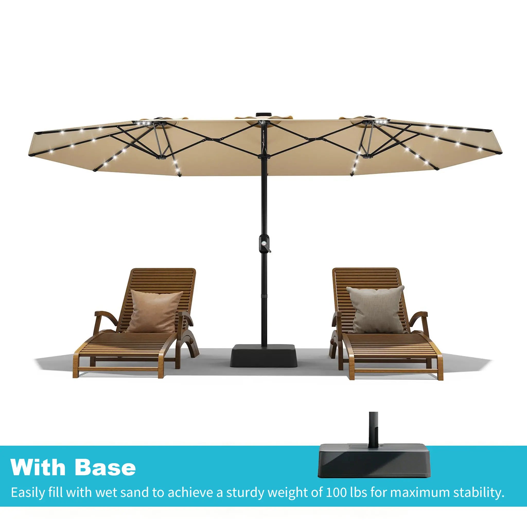 [Summervibes] Garvee 15Ft Large Outdoor Patio Umbrella with Base – LED Light Option, Double-Sided, Crank Handle, Waterproof, Comes with Weighted Base and Sandbag, Accommodates 10 People, Great for Poolside, Garden, Lawn, Backyard, Deck and Beach