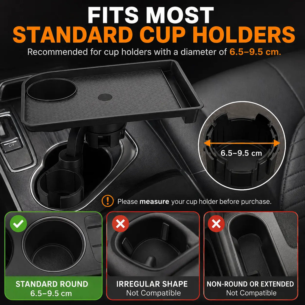 Car Cup Holder Tray Table, Rotating Food and Drink Organizer with Phone Slot, Adjustable Base for Road Trips, Lunch Breaks and Car Essentials