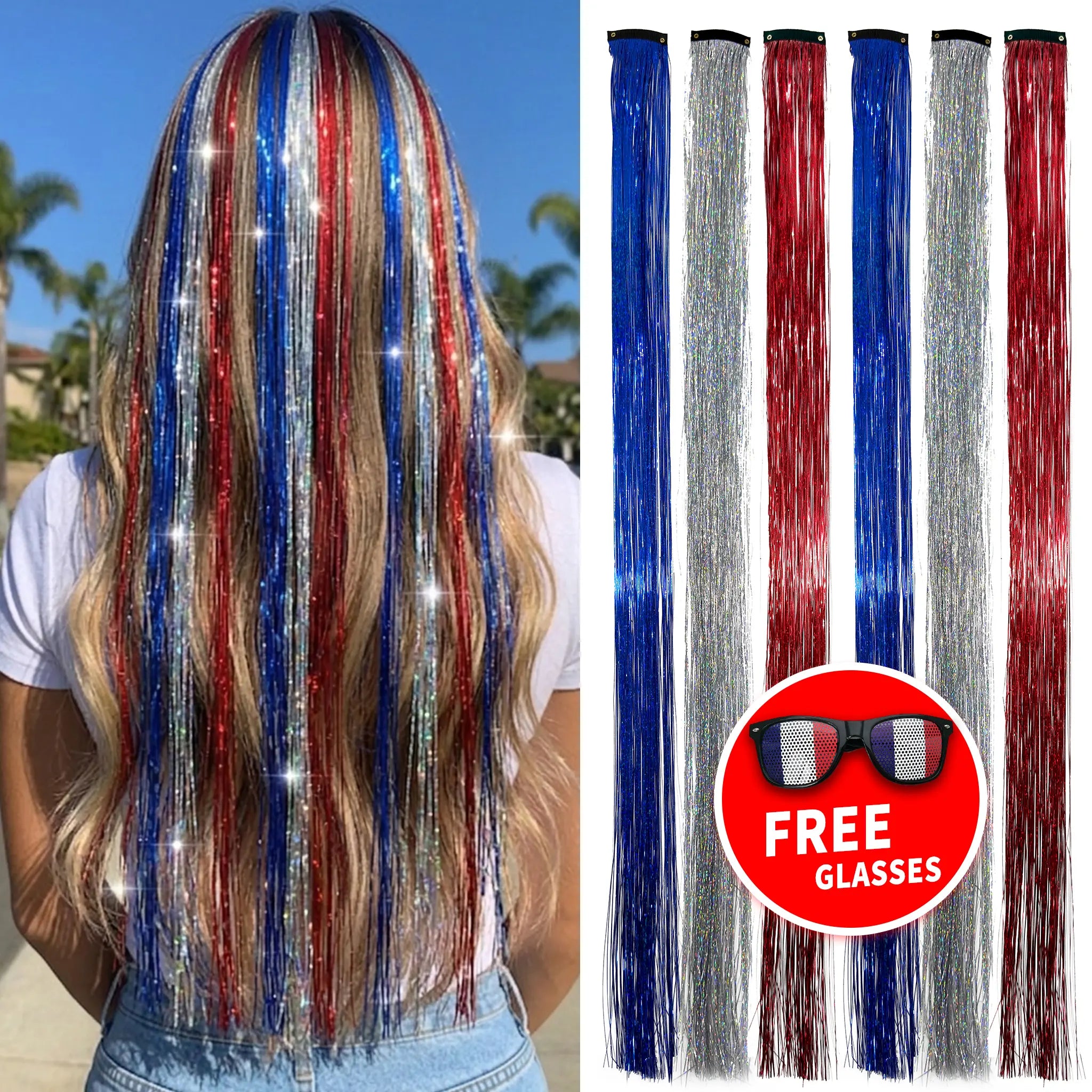 Holographic Hair Tinsel Easy Clip-In Sparkle Hair；Fairy Hair Tinsel Kit – No Damage, Super Shiny；Sparkly Hair Strands for Party & Game Day；Clip-In Hair Tinsel – Shimmer in Seconds