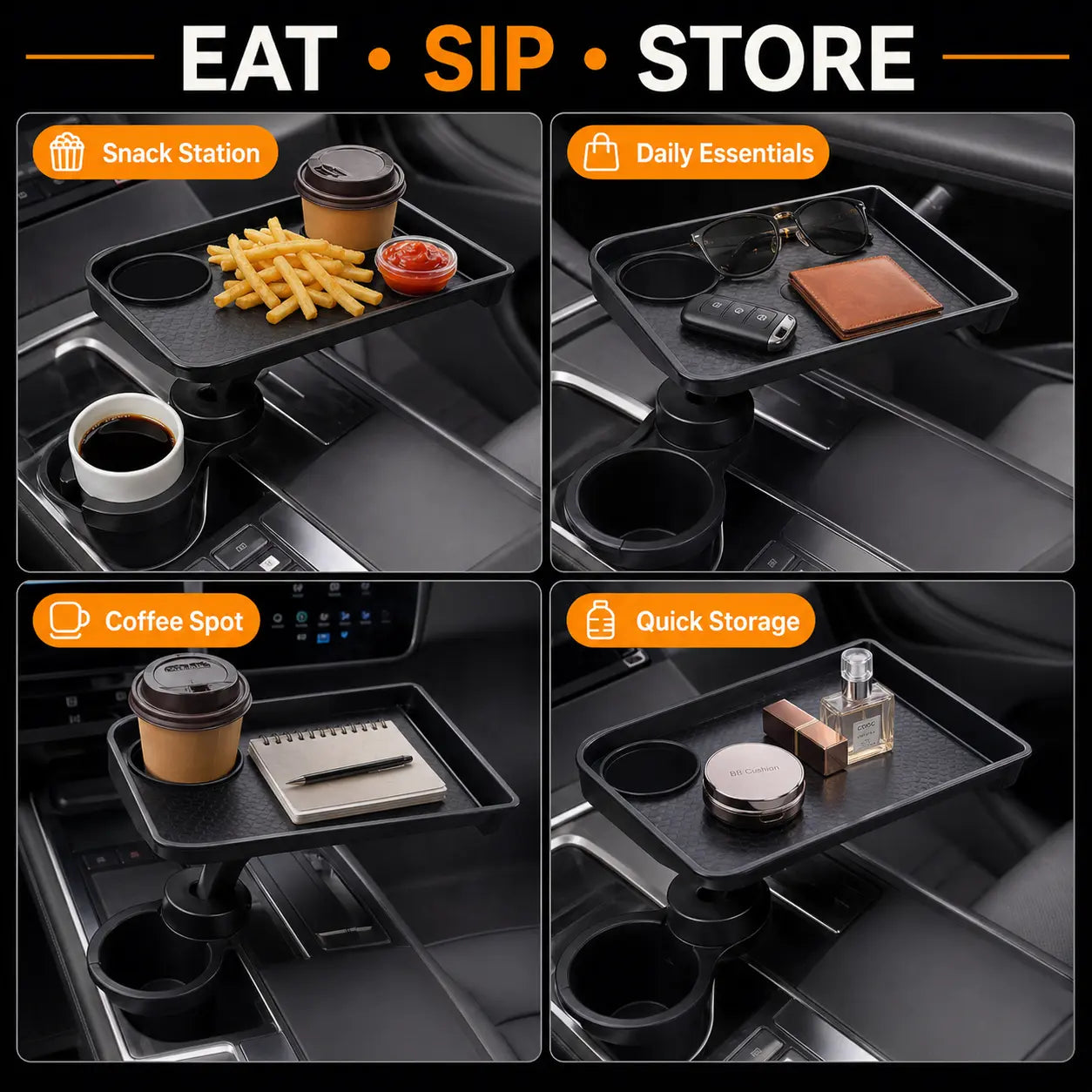 Car Cup Holder Tray Table, Rotating Food and Drink Organizer with Phone Slot, Adjustable Base for Road Trips, Lunch Breaks and Car Essentials