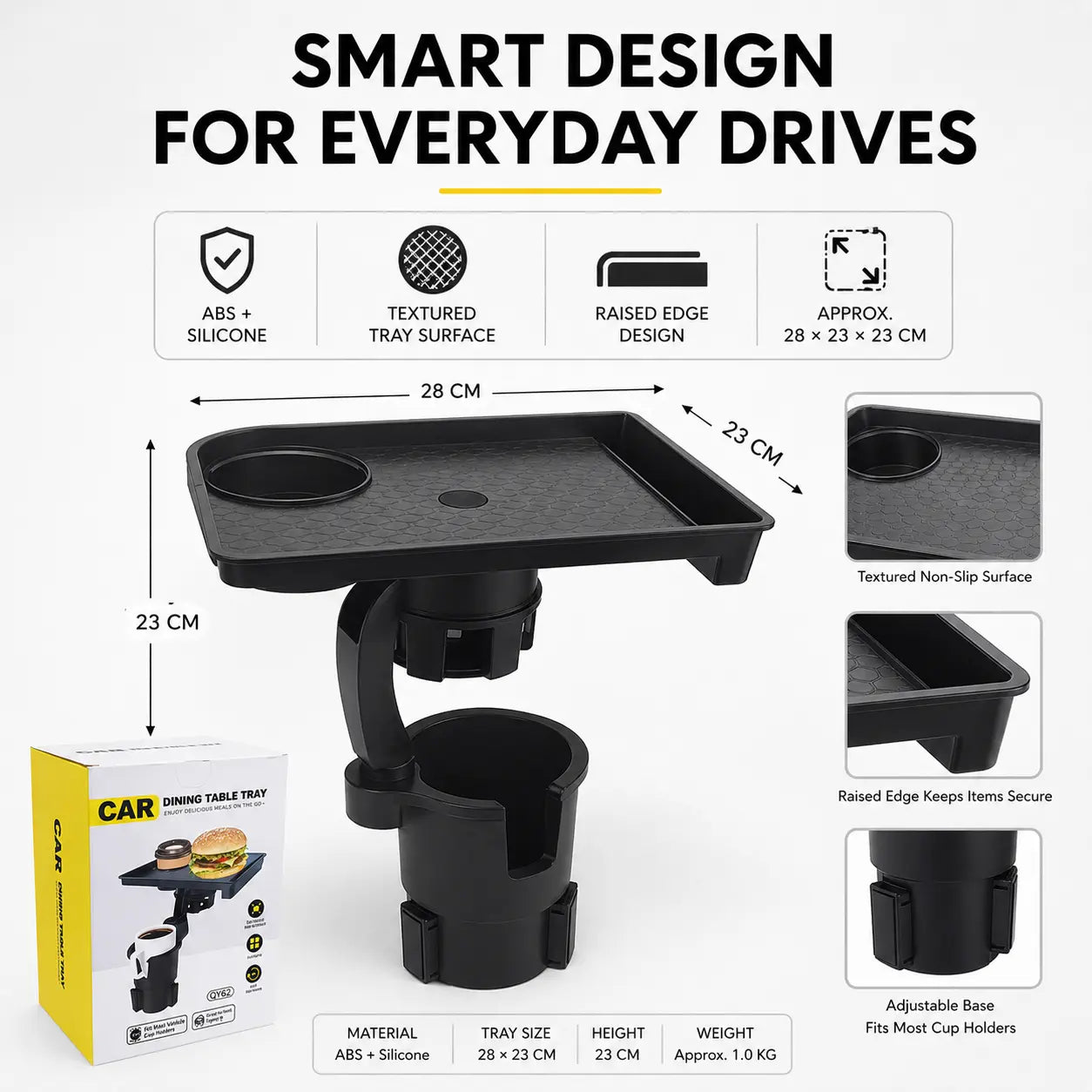 Car Cup Holder Tray Table, Rotating Food and Drink Organizer with Phone Slot, Adjustable Base for Road Trips, Lunch Breaks and Car Essentials