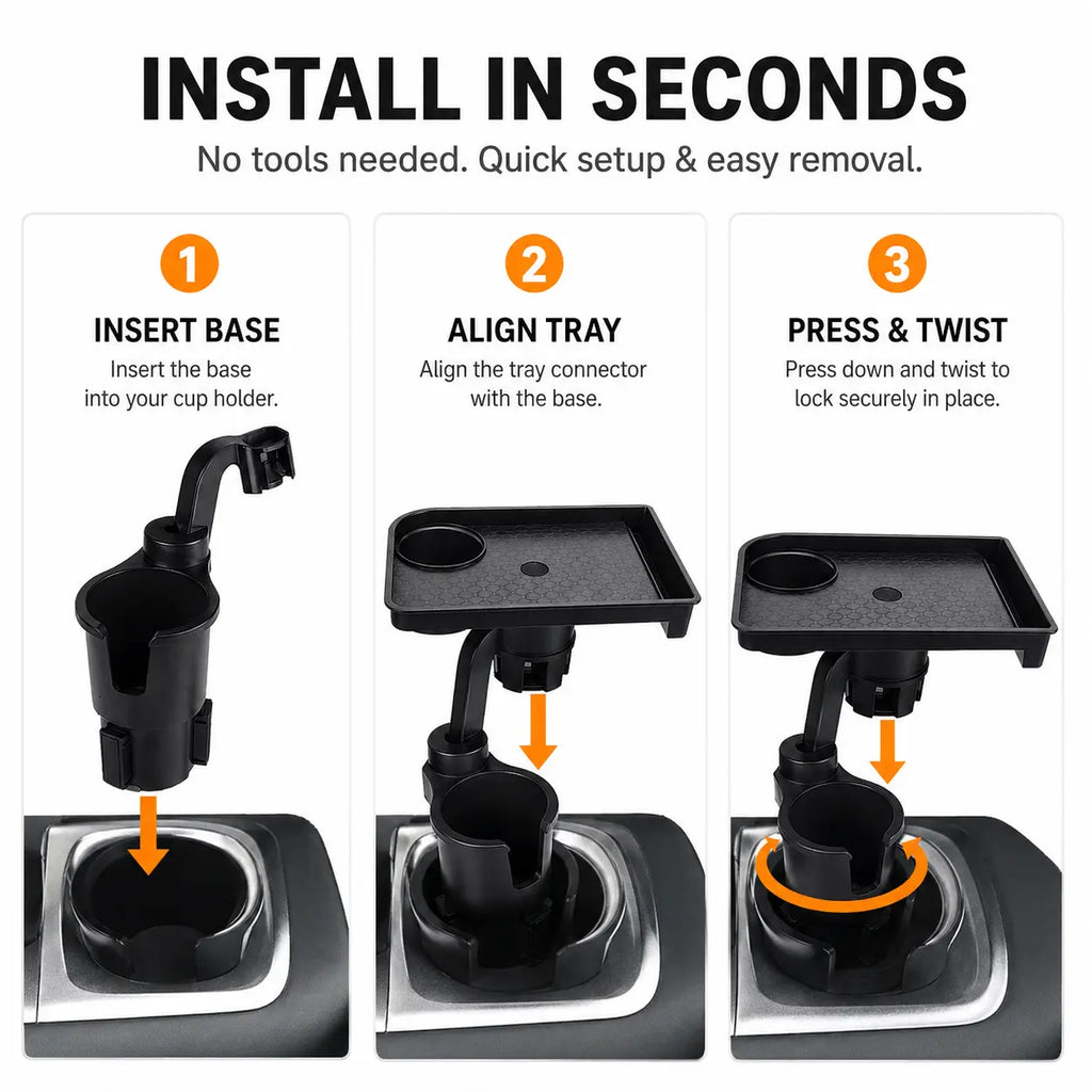 Car Cup Holder Tray Table, Rotating Food and Drink Organizer with Phone Slot, Adjustable Base for Road Trips, Lunch Breaks and Car Essentials