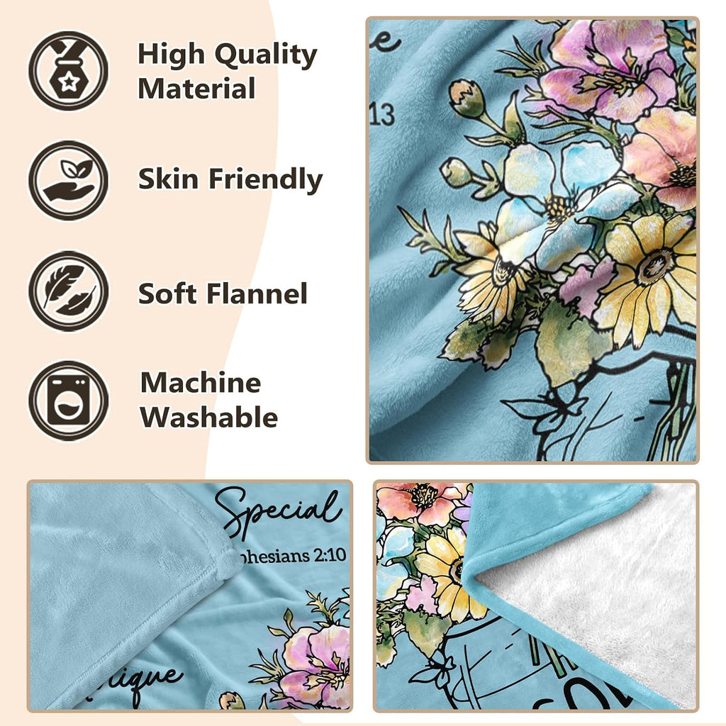 Christian Gifts for Women, Christian Blanket with Flowers 60''X 50'', Birthday Gifts for Women, Spiritual Baptism Religious Gifts for Sister, Mom, Daughter, Bestie, Soft Throw Blankets(Light Blue)