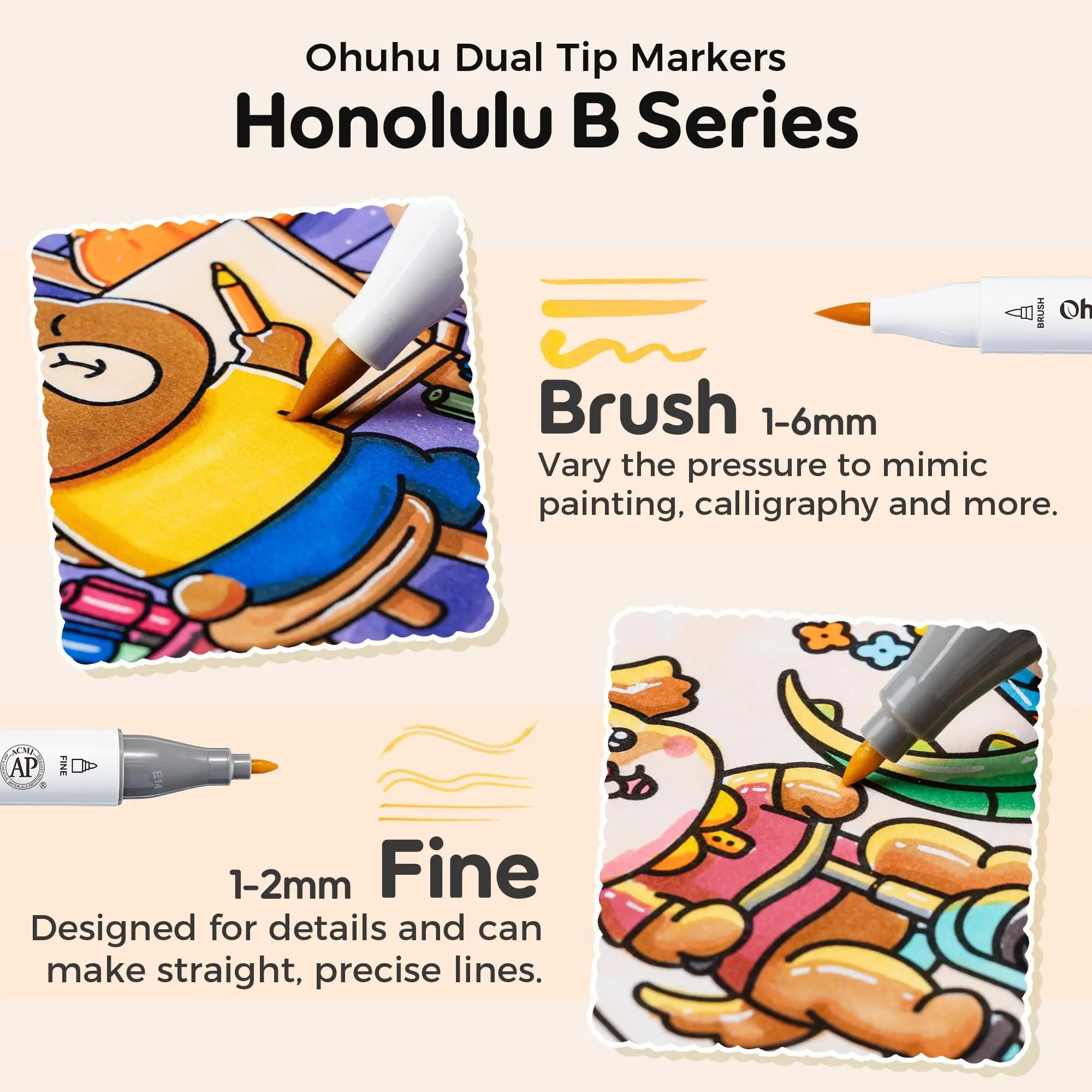 Ohuhu Alcohol Markers Set: Brush & Fine Dual Tip - 48 Colors - Alcohol Markers with Coloring Book - AP Certified - Refillable - Art Markers for Adult Coloring, Illustration, Stress Relieving Gift for Artists - Honolulu B Series of Ohuhu