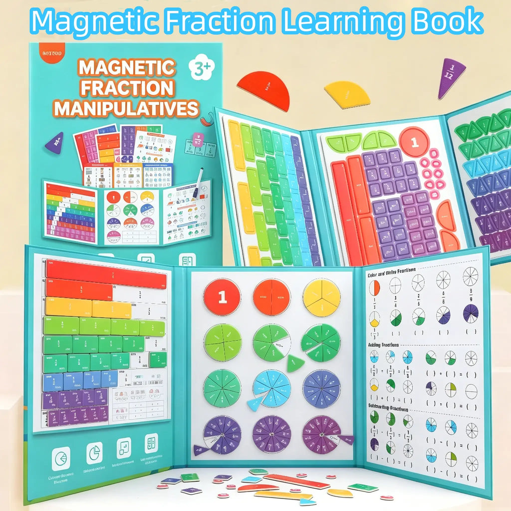 Magnetic Fraction Educational Book for Kids (Ages 3+) – Tri-Fold Board Book with Fraction Tiles & Dry-Erase Activity Card – Hands-On Math Manipulatives for Elementary School – Visual Learning Tool for Fractions, Addition & Subtraction