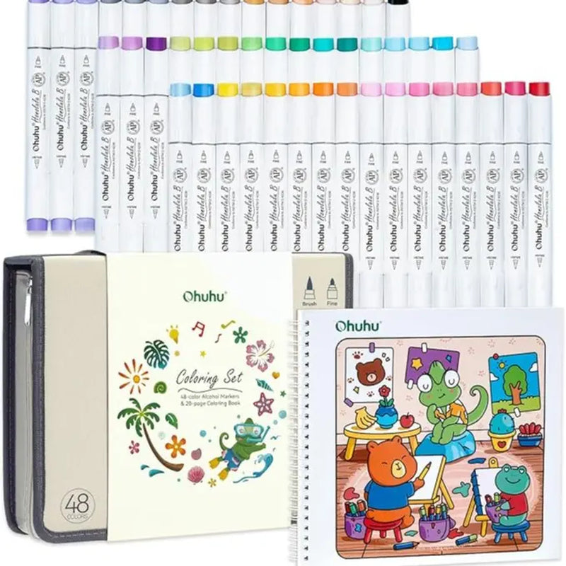 Ohuhu Alcohol Markers Set: Brush & Fine Dual Tip - 48 Colors - Alcohol Markers with Coloring Book - AP Certified - Refillable - Art Markers for Adult Coloring, Illustration, Stress Relieving Gift for Artists - Honolulu B Series of Ohuhu