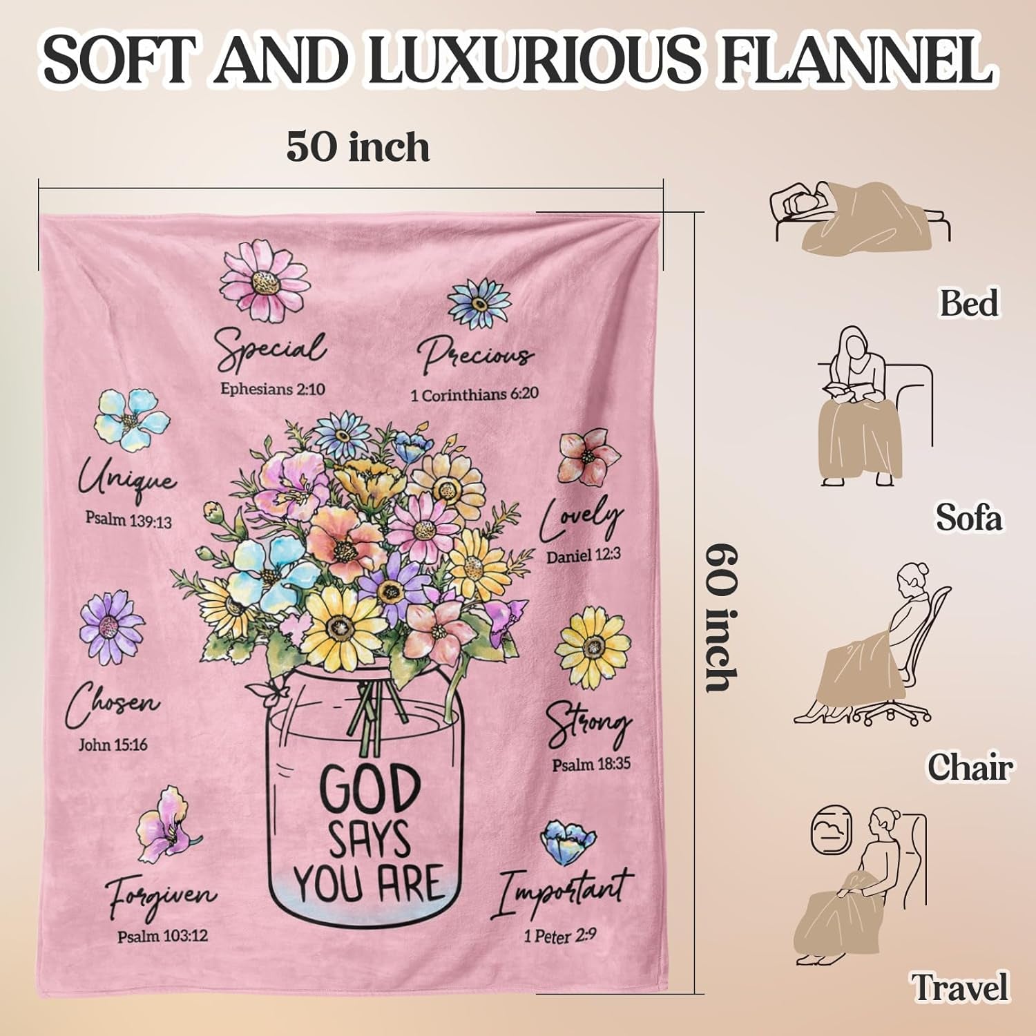Christian Gifts for Women, Pink Christian Blanket with Flowers, Birthday Gifts for Women, Baptism Religious Mothers Day Spiritual Gifts for Sister Daughter Girls Mom Friend, Throw Blankets 60''X 50''