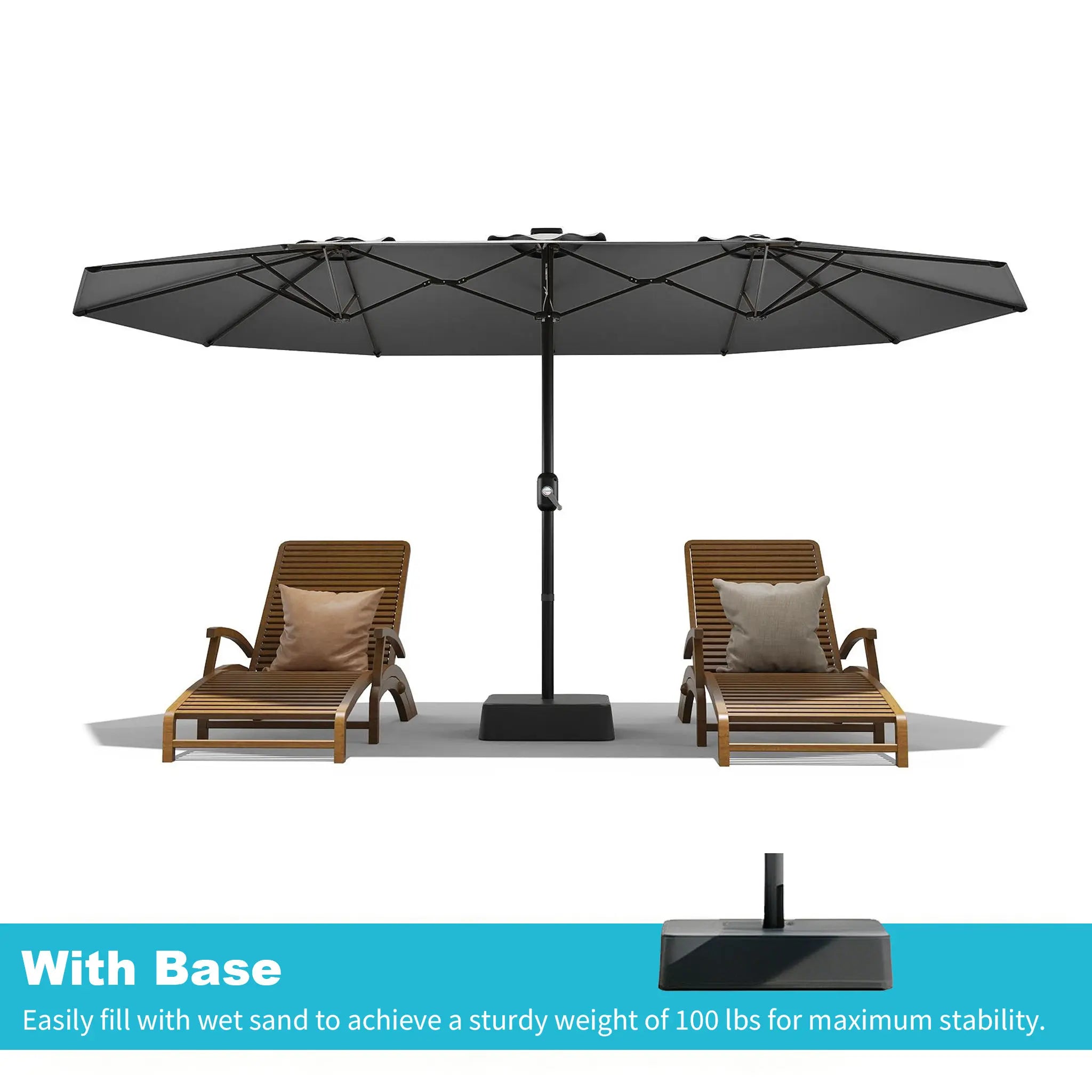 [Summervibes] Garvee 15Ft Large Outdoor Patio Umbrella with Base – LED Light Option, Double-Sided, Crank Handle, Waterproof, Comes with Weighted Base and Sandbag, Accommodates 10 People, Great for Poolside, Garden, Lawn, Backyard, Deck and Beach