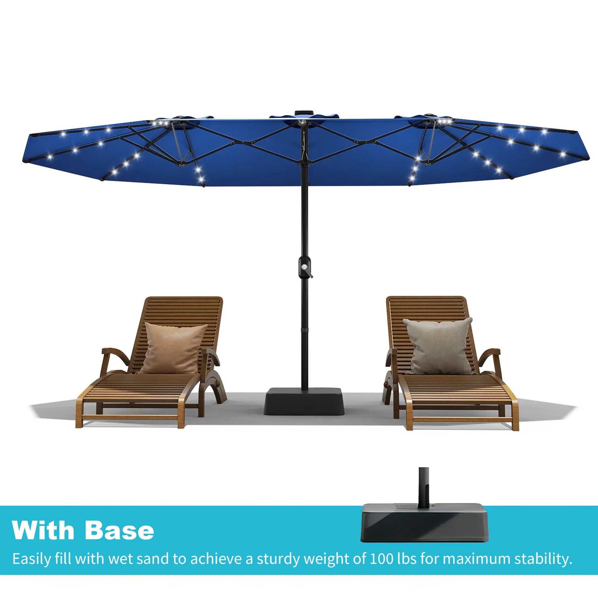 [Summervibes] Garvee 15Ft Large Outdoor Patio Umbrella with Base – LED Light Option, Double-Sided, Crank Handle, Waterproof, Comes with Weighted Base and Sandbag, Accommodates 10 People, Great for Poolside, Garden, Lawn, Backyard, Deck and Beach