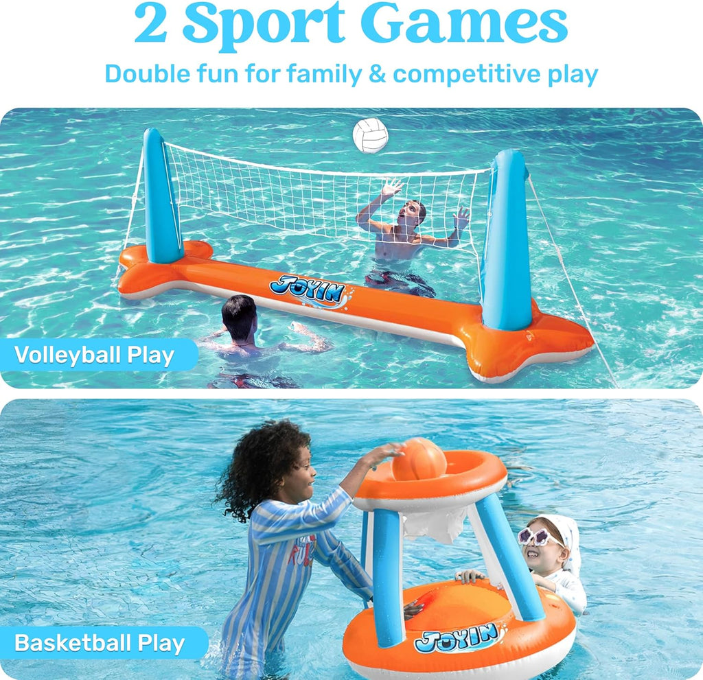 XL Inflatable Pool Float Set, 125'' Volleyball Net & Basketball Hoops, Extra Large Floating Swimming Game Toy for Kids and Adults, Summer Floaties, Volleyball Court|Basketball, Xl-Orange