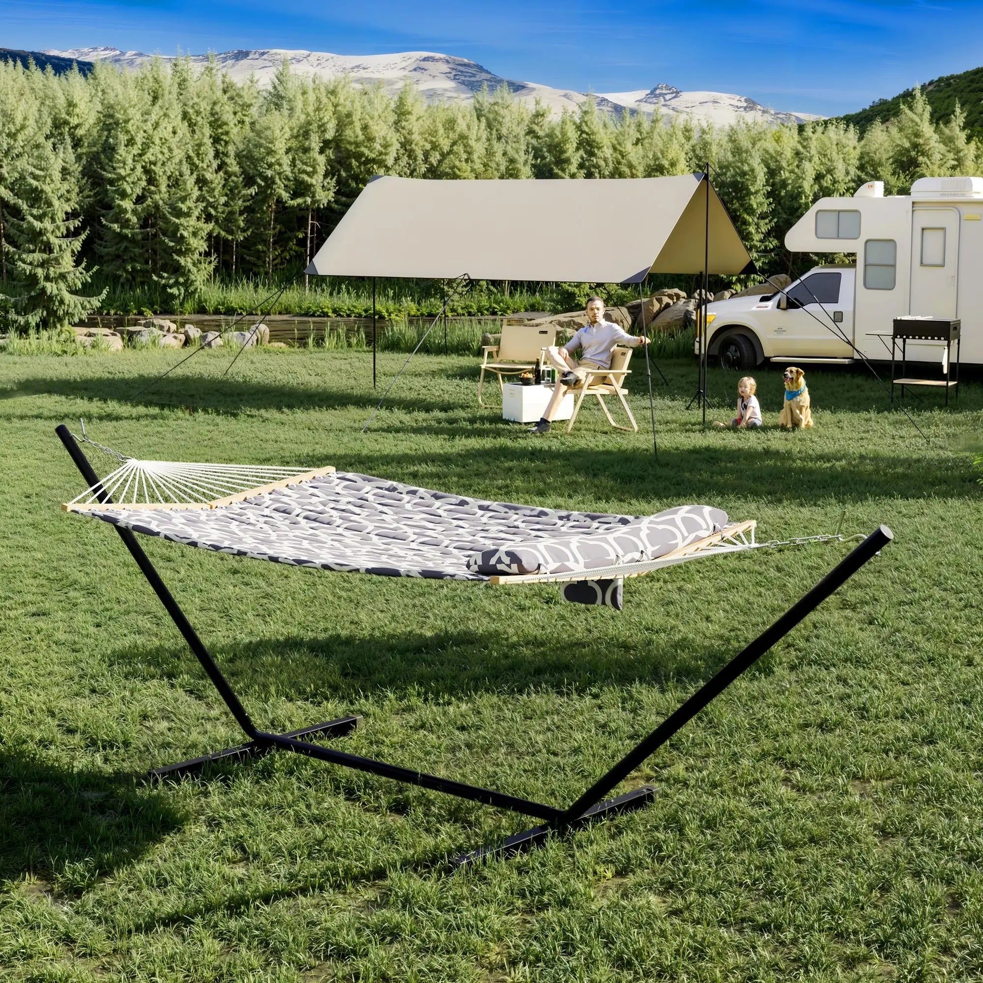 【Summer Sale】Heavy Duty Portable Double Hammock with Stand, 475 Lbs Capacity, Portable Design with Balance Rope, for Patio Backyard Garden Beach, Summer Vibe, Backyard Hammock, Outdoor Patio Furniture