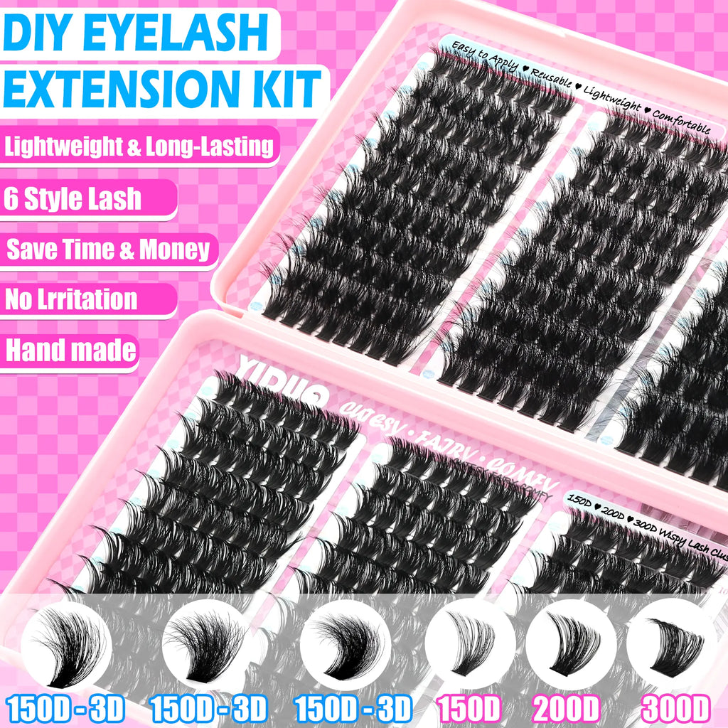 YIDUO 1560Pcs Lash Clusters Extension Kit – 9 Styles (30D/40D/50D/60D/80D/100D/150D/200D/300D), Mixed Fluffy Individual Lashes with Lash Book, Multi-Volume & High Cost-Effectiveness, Includes Bond & Seal, Beginners & Professionals Cosmetic Dealsforyoudays