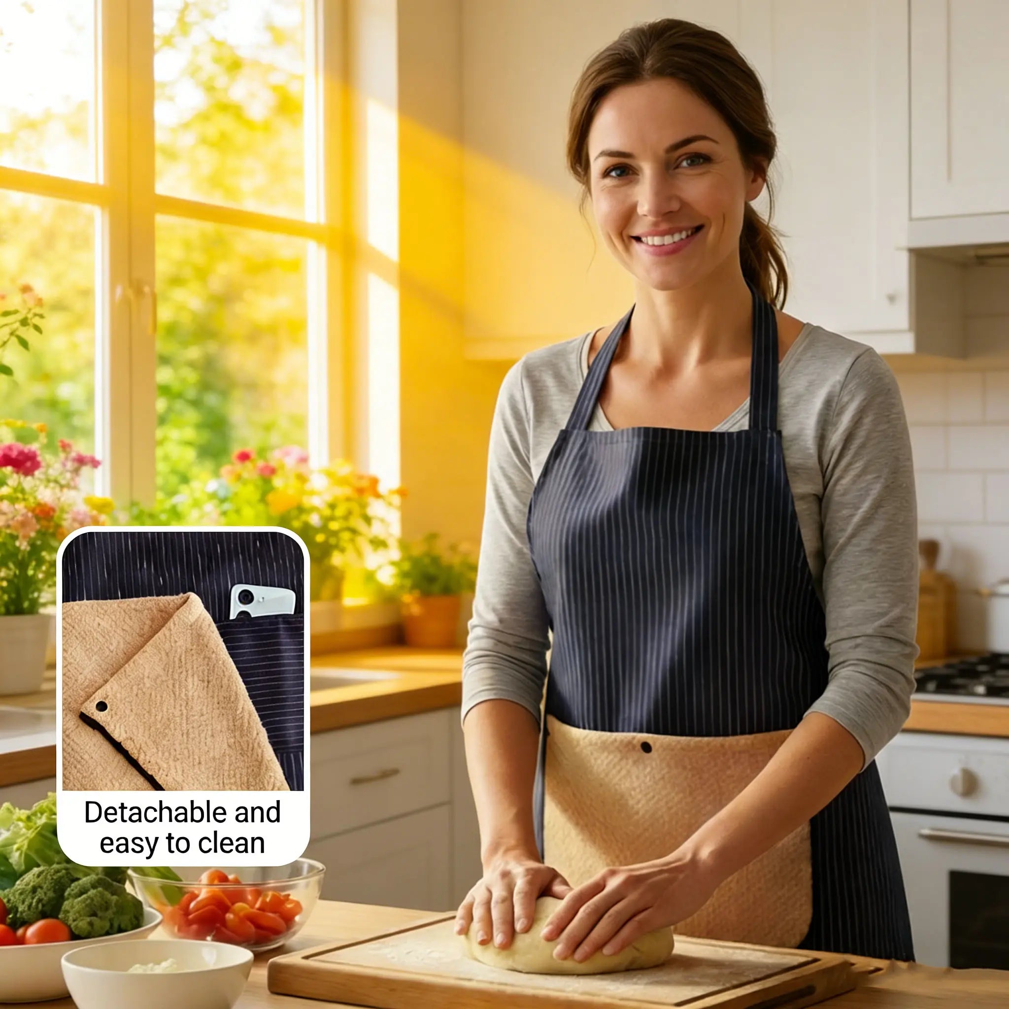 Kitchen Apron with a Detachable Towel, Unisex, Strapless Design for Easy Wearing and Removal, with Storage Pockets, Made of Three-Layer Composite Fabric, a Great Cooking Helper for the Whole Family.