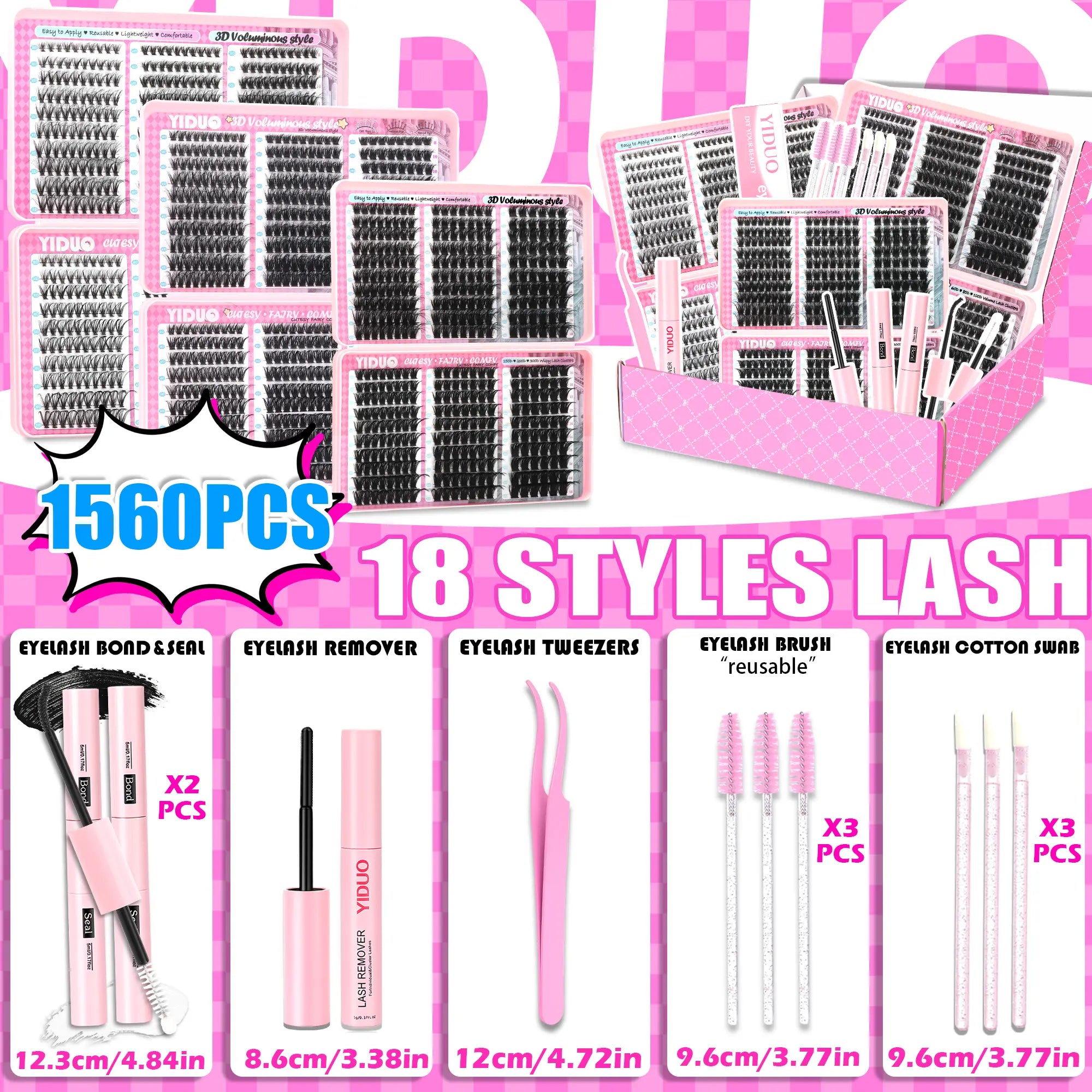 YIDUO 1560Pcs Lash Clusters Extension Kit – 9 Styles (30D/40D/50D/60D/80D/100D/150D/200D/300D), Mixed Fluffy Individual Lashes with Lash Book, Multi-Volume & High Cost-Effectiveness, Includes Bond & Seal, Beginners & Professionals Cosmetic Dealsforyoudays