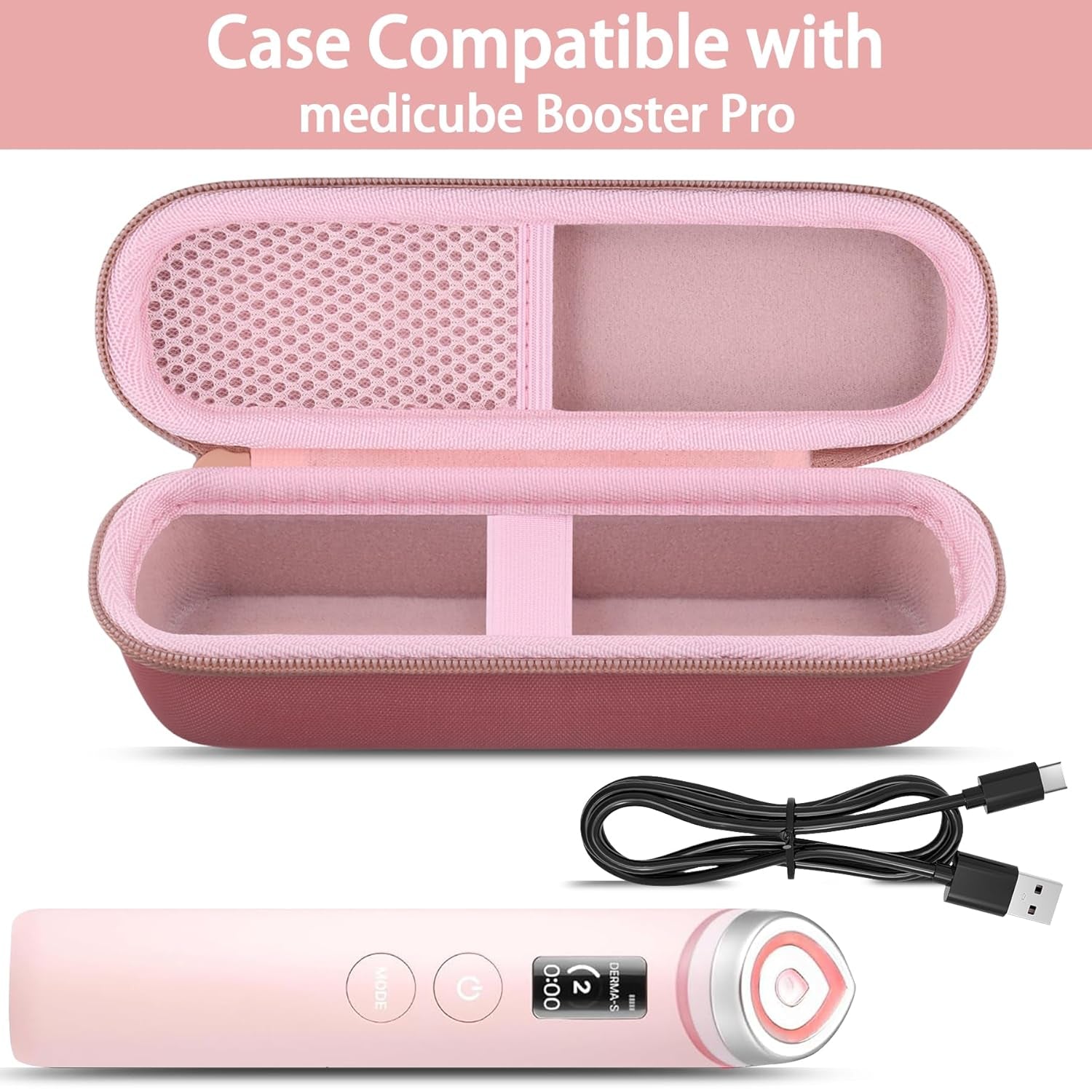 For Medicube Booster Pro 6-In-1 Real Glass Glow Beauty Massager Protective Hard Case, Travel Storage Organizer for Women, Shockproof & Water-Resistant EVA Shell, Pink -