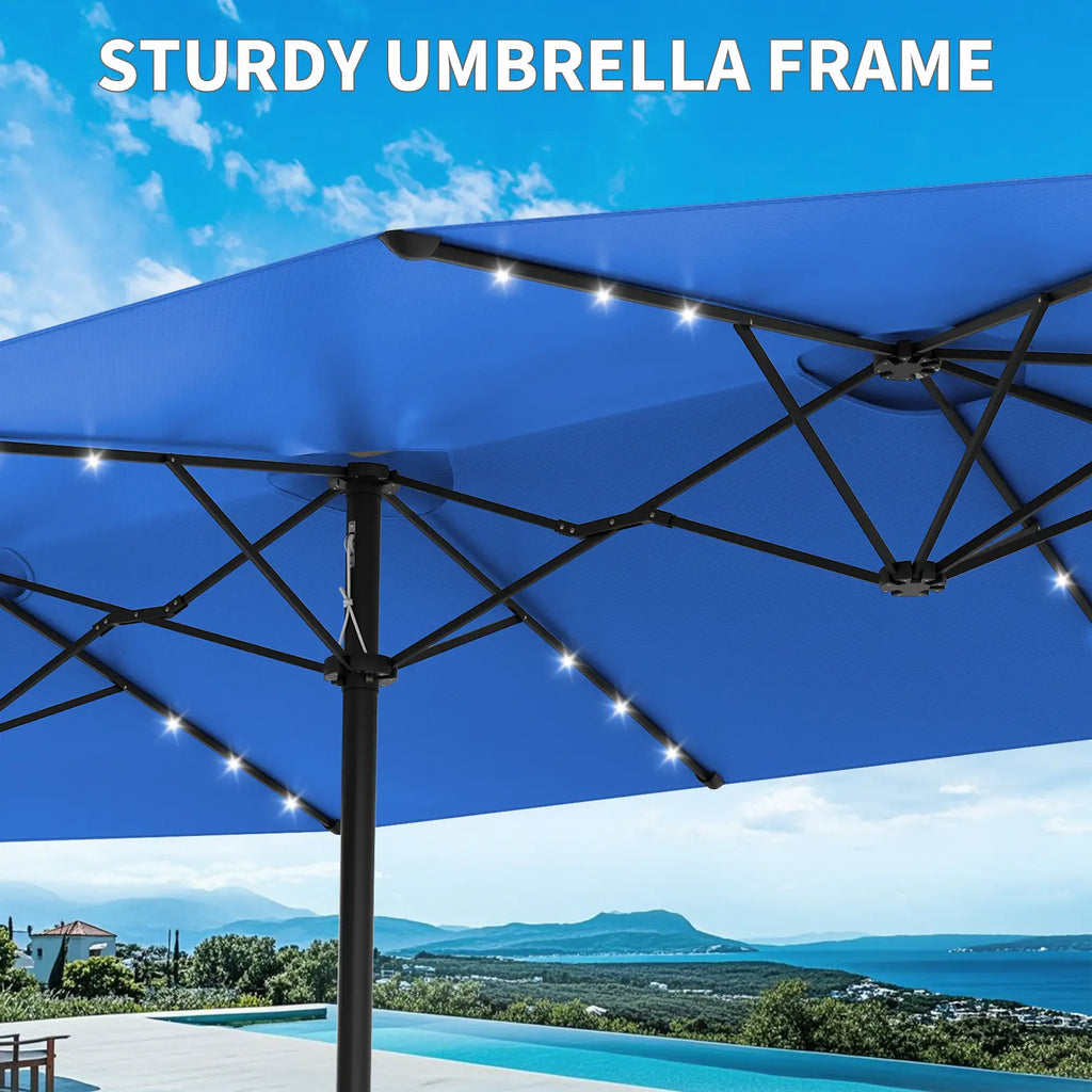 [Summervibes] Garvee 15Ft Large Outdoor Patio Umbrella with Base – LED Light Option, Double-Sided, Crank Handle, Waterproof, Comes with Weighted Base and Sandbag, Accommodates 10 People, Great for Poolside, Garden, Lawn, Backyard, Deck and Beach