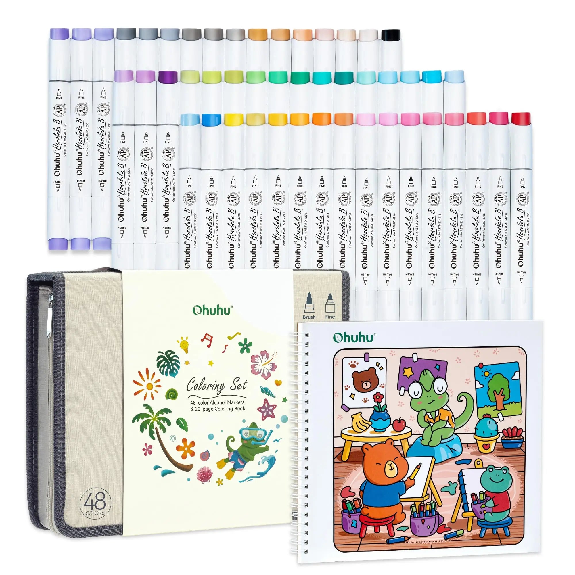 Ohuhu Alcohol Markers Set: Brush & Fine Dual Tip - 48 Colors - Alcohol Markers with Coloring Book - AP Certified - Refillable - Art Markers for Adult Coloring, Illustration, Stress Relieving Gift for Artists - Honolulu B Series of Ohuhu