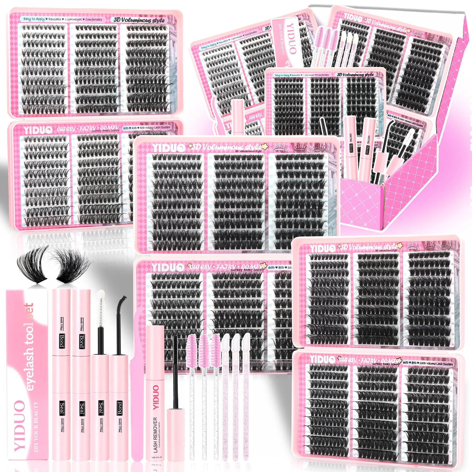 YIDUO 1560Pcs Lash Clusters Extension Kit – 9 Styles (30D/40D/50D/60D/80D/100D/150D/200D/300D), Mixed Fluffy Individual Lashes with Lash Book, Multi-Volume & High Cost-Effectiveness, Includes Bond & Seal, Beginners & Professionals Cosmetic Dealsforyoudays