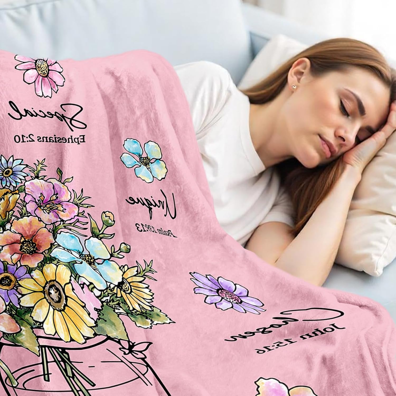 Christian Gifts for Women, Pink Christian Blanket with Flowers, Birthday Gifts for Women, Baptism Religious Mothers Day Spiritual Gifts for Sister Daughter Girls Mom Friend, Throw Blankets 60''X 50''