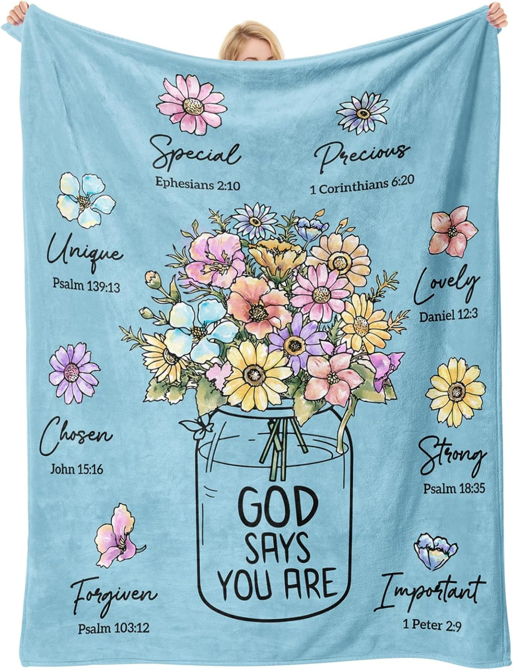 Christian Gifts for Women, Christian Blanket with Flowers 60''X 50'', Birthday Gifts for Women, Spiritual Baptism Religious Gifts for Sister, Mom, Daughter, Bestie, Soft Throw Blankets(Light Blue)