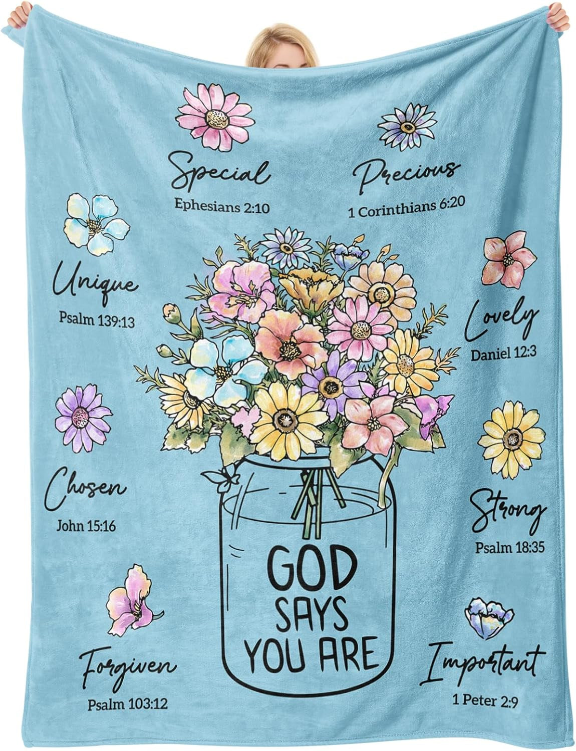 Christian Gifts for Women, Christian Blanket with Flowers 60''X 50'', Birthday Gifts for Women, Spiritual Baptism Religious Gifts for Sister, Mom, Daughter, Bestie, Soft Throw Blankets(Light Blue)