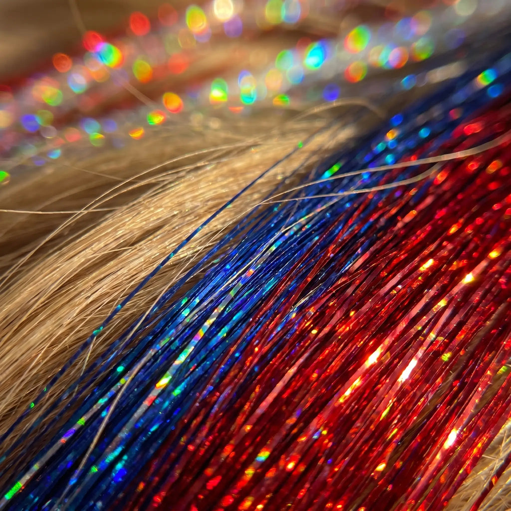 Holographic Hair Tinsel Easy Clip-In Sparkle Hair；Fairy Hair Tinsel Kit – No Damage, Super Shiny；Sparkly Hair Strands for Party & Game Day；Clip-In Hair Tinsel – Shimmer in Seconds