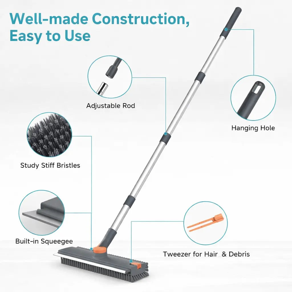360° Rotating Floor Scrub Brush with Long Handle, 3-In-1 Scrubber & Squeegee for Bathroom, Tile, Shower, Garage and Outdoor Cleaning