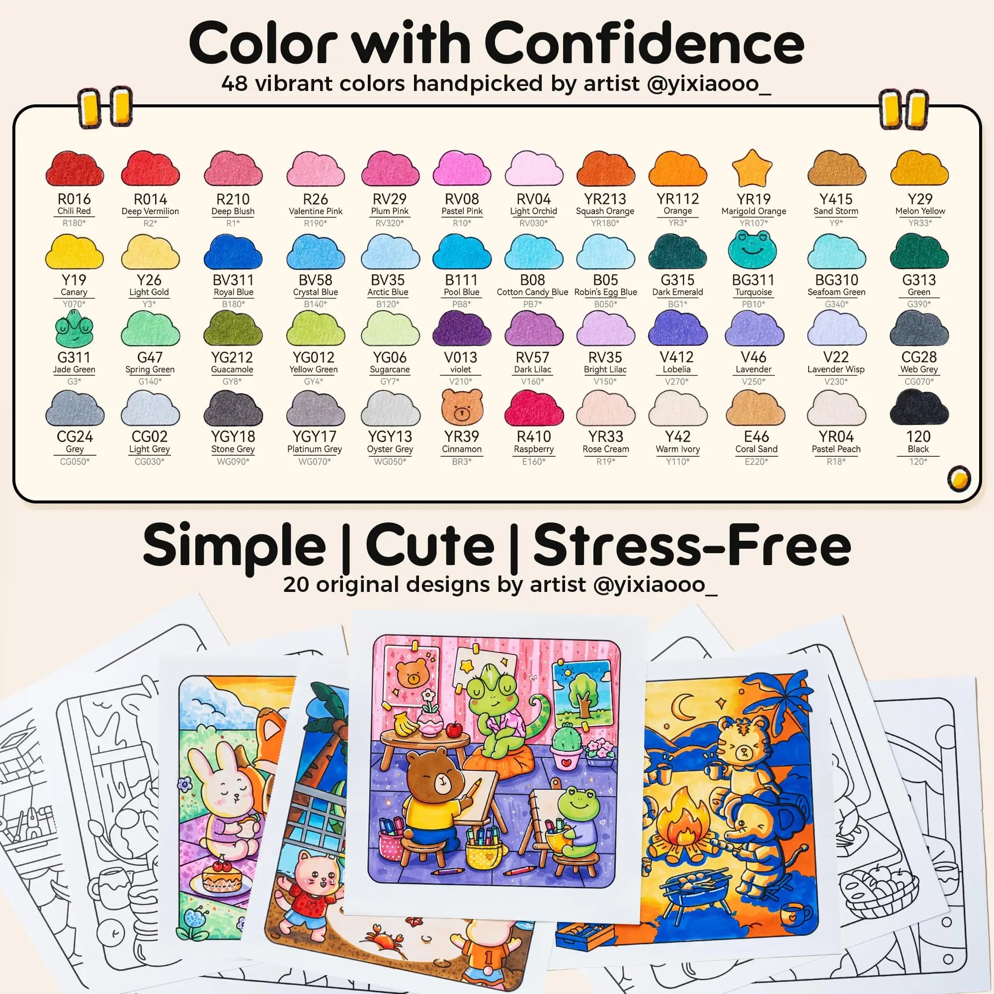 Ohuhu Alcohol Markers Set: Brush & Fine Dual Tip - 48 Colors - Alcohol Markers with Coloring Book - AP Certified - Refillable - Art Markers for Adult Coloring, Illustration, Stress Relieving Gift for Artists - Honolulu B Series of Ohuhu