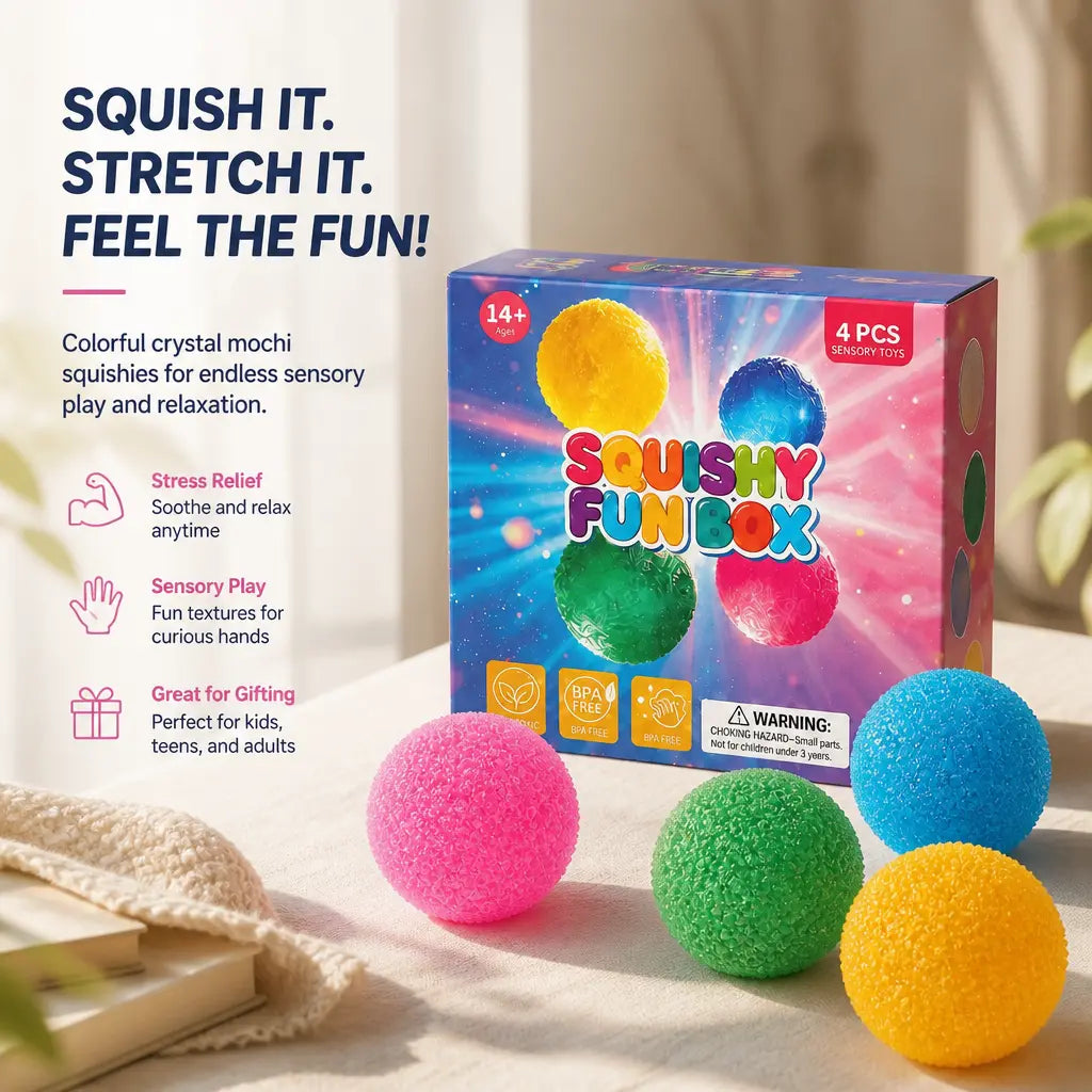 4-Piece Set Mystery Squishy Fun Box,Blind Box Malt Sugar Stress Relief Fidget Toys, Handmade Crystal Mochi Ball Squishies, Soft Stress Relief Fidgeting Toy, Anxiety Fidgets Sensory Play Set for Relaxing & Gifting