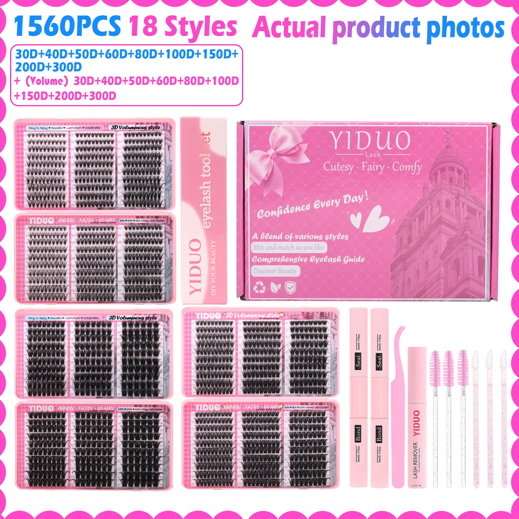 YIDUO 1560Pcs Lash Clusters Extension Kit – 9 Styles (30D/40D/50D/60D/80D/100D/150D/200D/300D), Mixed Fluffy Individual Lashes with Lash Book, Multi-Volume & High Cost-Effectiveness, Includes Bond & Seal, Beginners & Professionals Cosmetic Dealsforyoudays