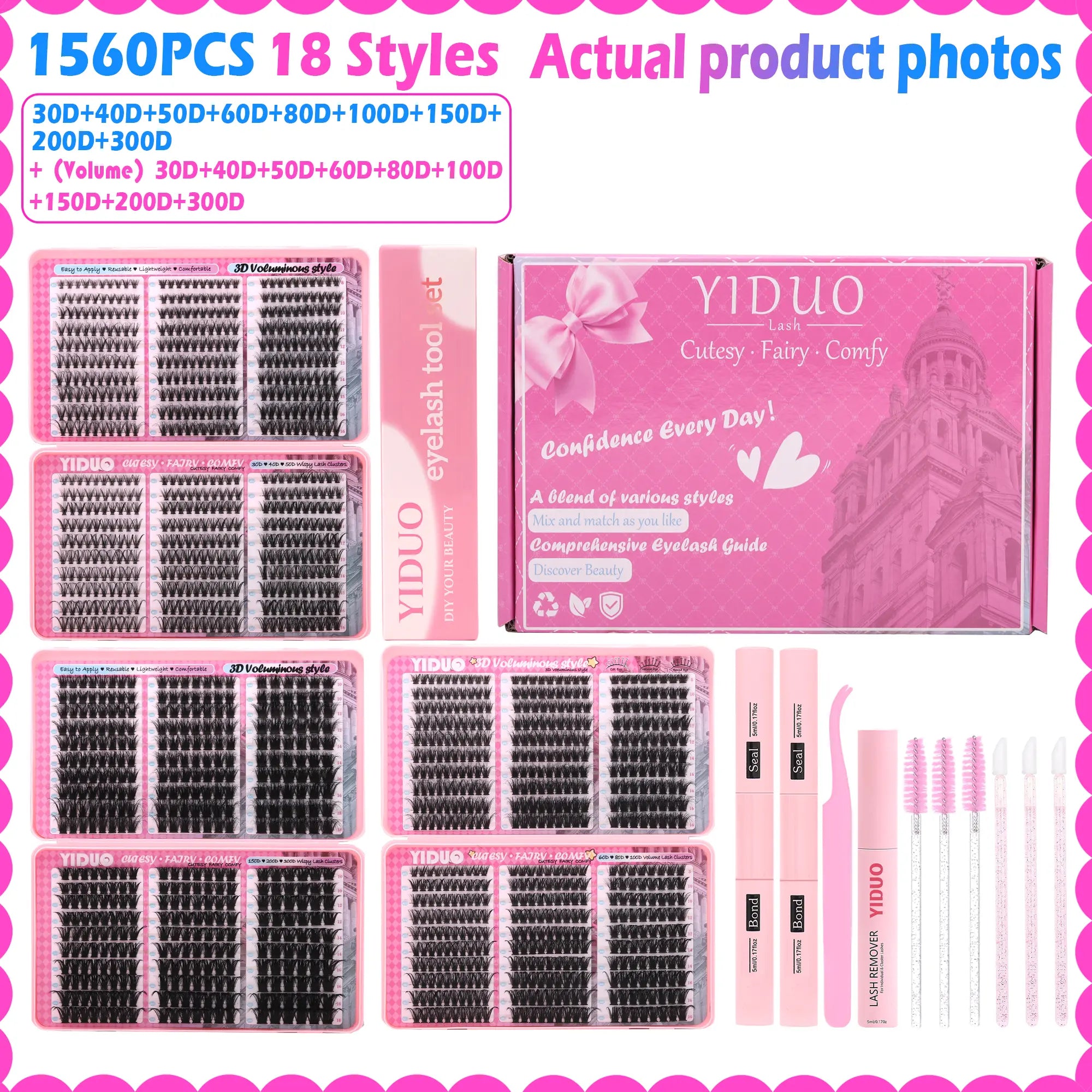 YIDUO 1560Pcs Lash Clusters Extension Kit – 9 Styles (30D/40D/50D/60D/80D/100D/150D/200D/300D), Mixed Fluffy Individual Lashes with Lash Book, Multi-Volume & High Cost-Effectiveness, Includes Bond & Seal, Beginners & Professionals Cosmetic Dealsforyoudays