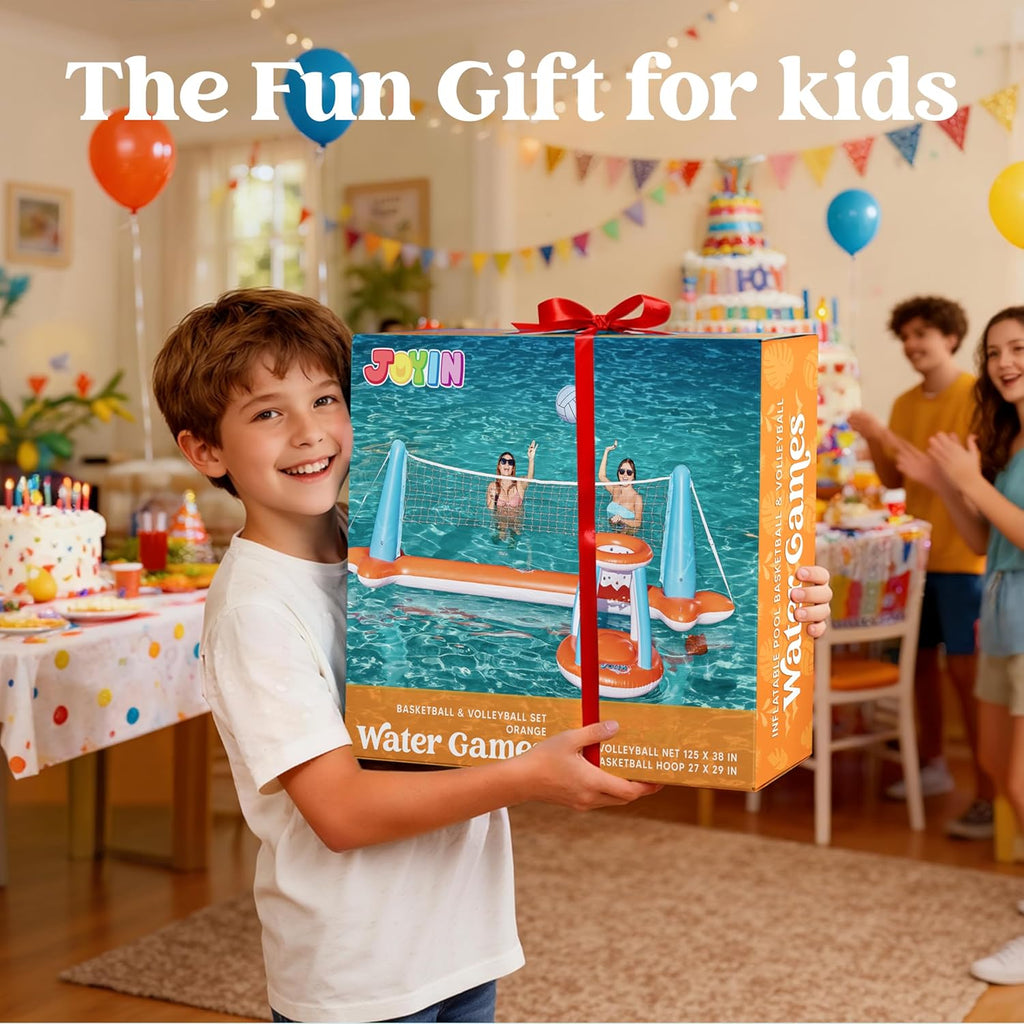 XL Inflatable Pool Float Set, 125'' Volleyball Net & Basketball Hoops, Extra Large Floating Swimming Game Toy for Kids and Adults, Summer Floaties, Volleyball Court|Basketball, Xl-Orange