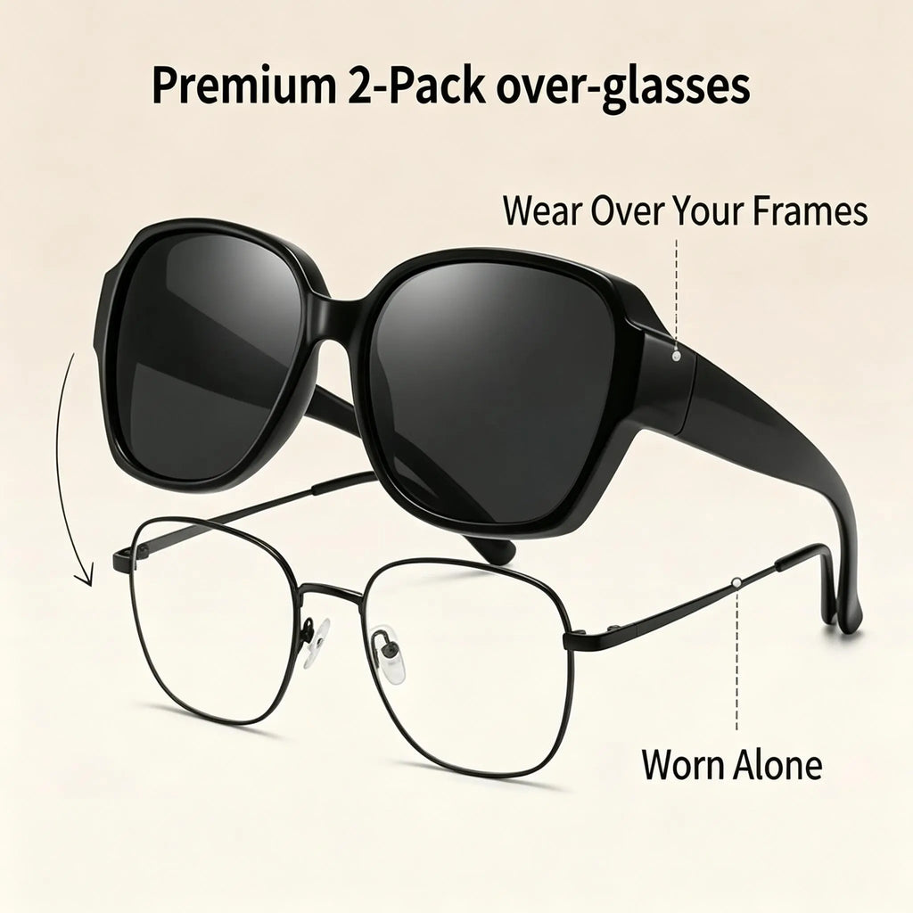 Retro Over-Glasses Sunglasses 2 Pack, Oversized Fit-Over Shades for Men Women, Wear Alone or over Prescription Glasses, Driving & Travel