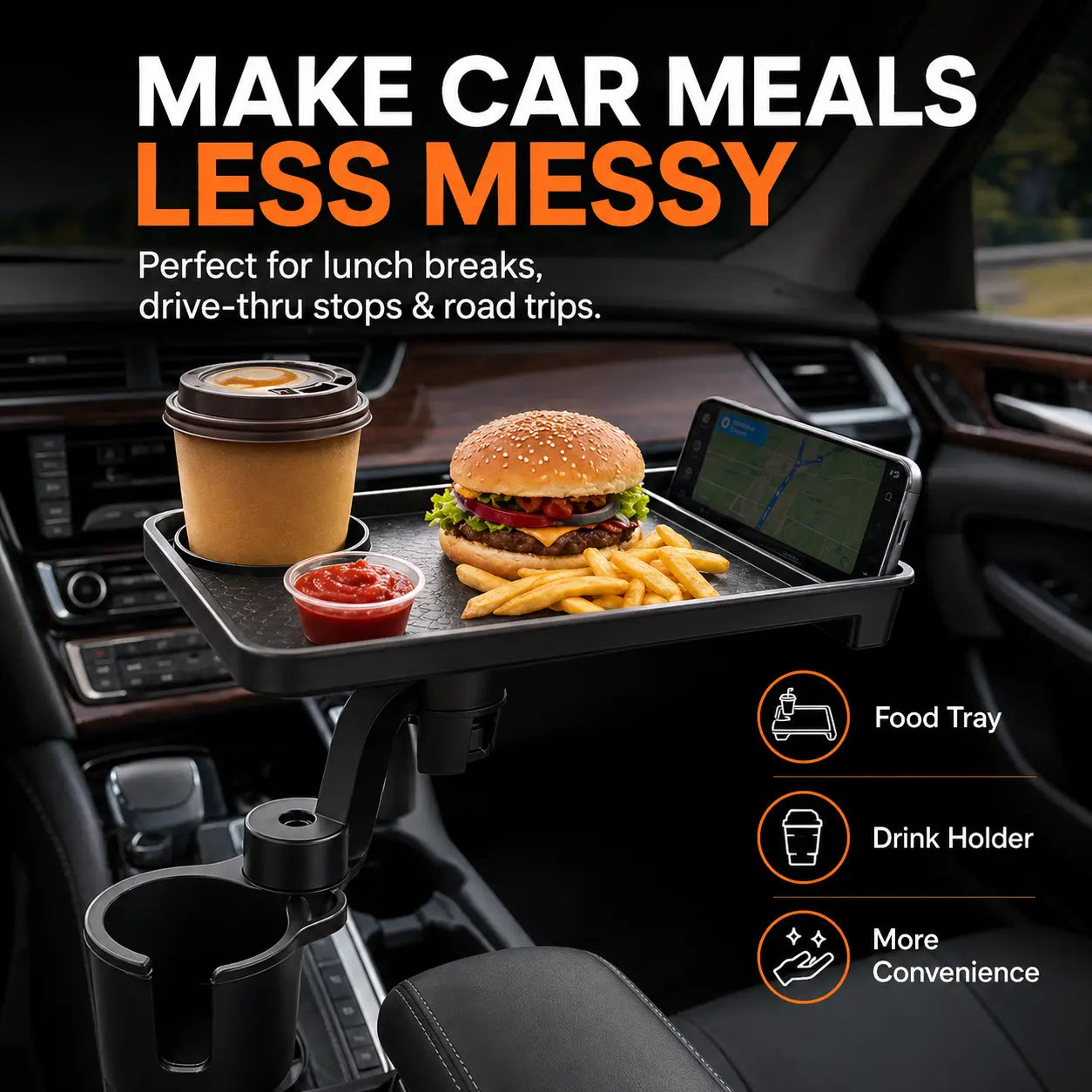 Car Cup Holder Tray Table, Rotating Food and Drink Organizer with Phone Slot, Adjustable Base for Road Trips, Lunch Breaks and Car Essentials