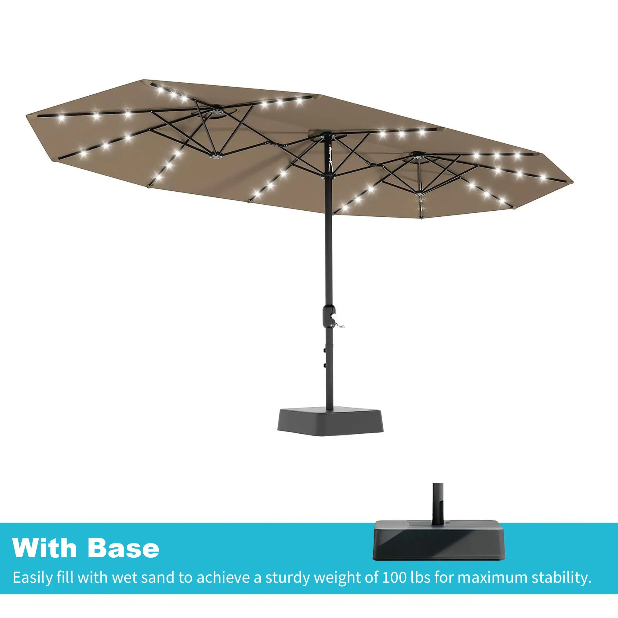 [Summervibes] Garvee 15Ft Large Outdoor Patio Umbrella with Base – LED Light Option, Double-Sided, Crank Handle, Waterproof, Comes with Weighted Base and Sandbag, Accommodates 10 People, Great for Poolside, Garden, Lawn, Backyard, Deck and Beach