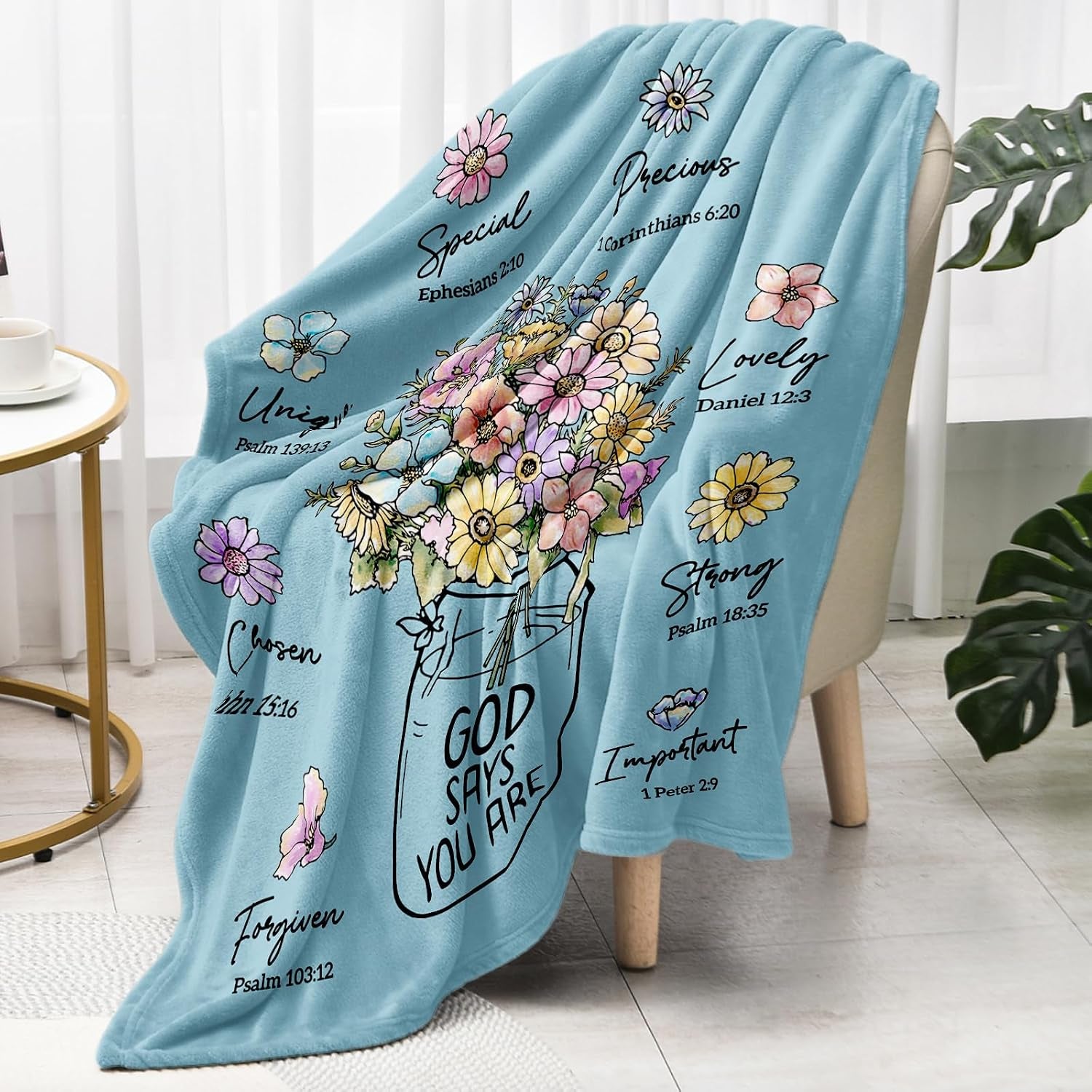 Christian Gifts for Women, Christian Blanket with Flowers 60''X 50'', Birthday Gifts for Women, Spiritual Baptism Religious Gifts for Sister, Mom, Daughter, Bestie, Soft Throw Blankets(Light Blue)