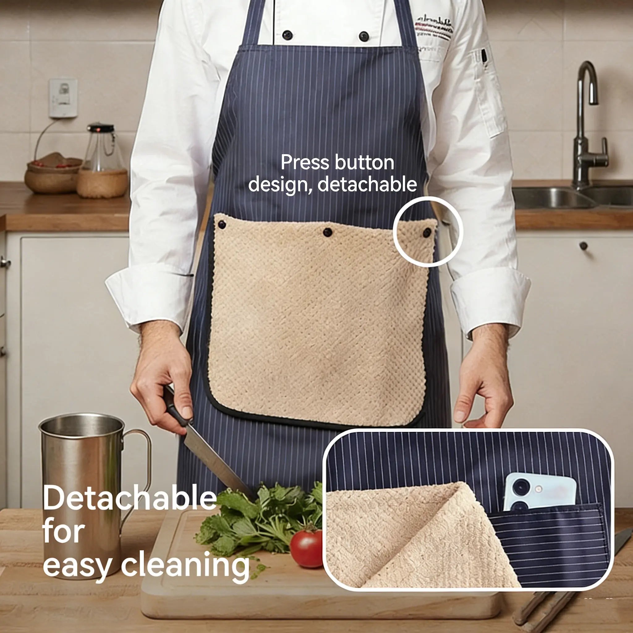 Kitchen Apron with a Detachable Towel, Unisex, Strapless Design for Easy Wearing and Removal, with Storage Pockets, Made of Three-Layer Composite Fabric, a Great Cooking Helper for the Whole Family.