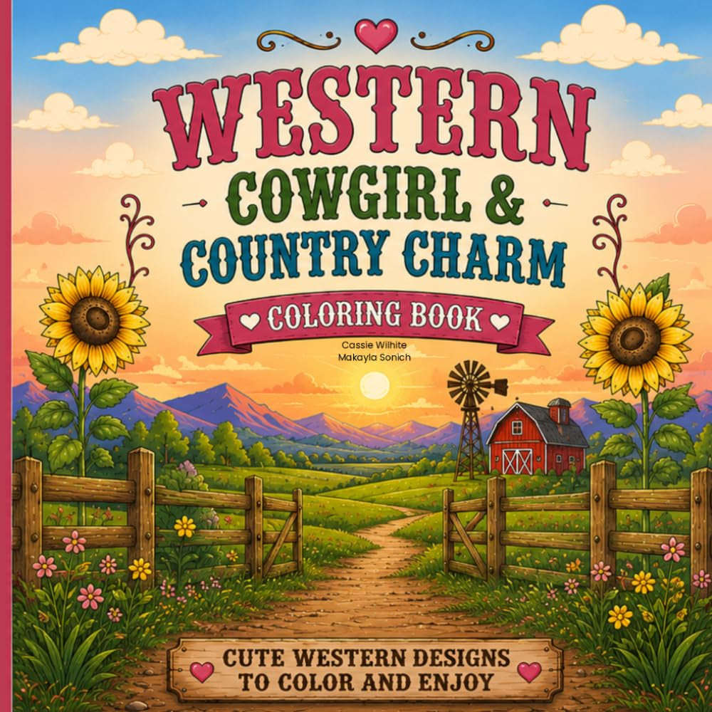 Western Cowgirl & Country Charm Coloring Book: Cute Farm Animals, Rustic Country Scenes, Sunflowers, Tractors, Horses, Boots & Relaxing Western Designs for Kids, Teens and Adults