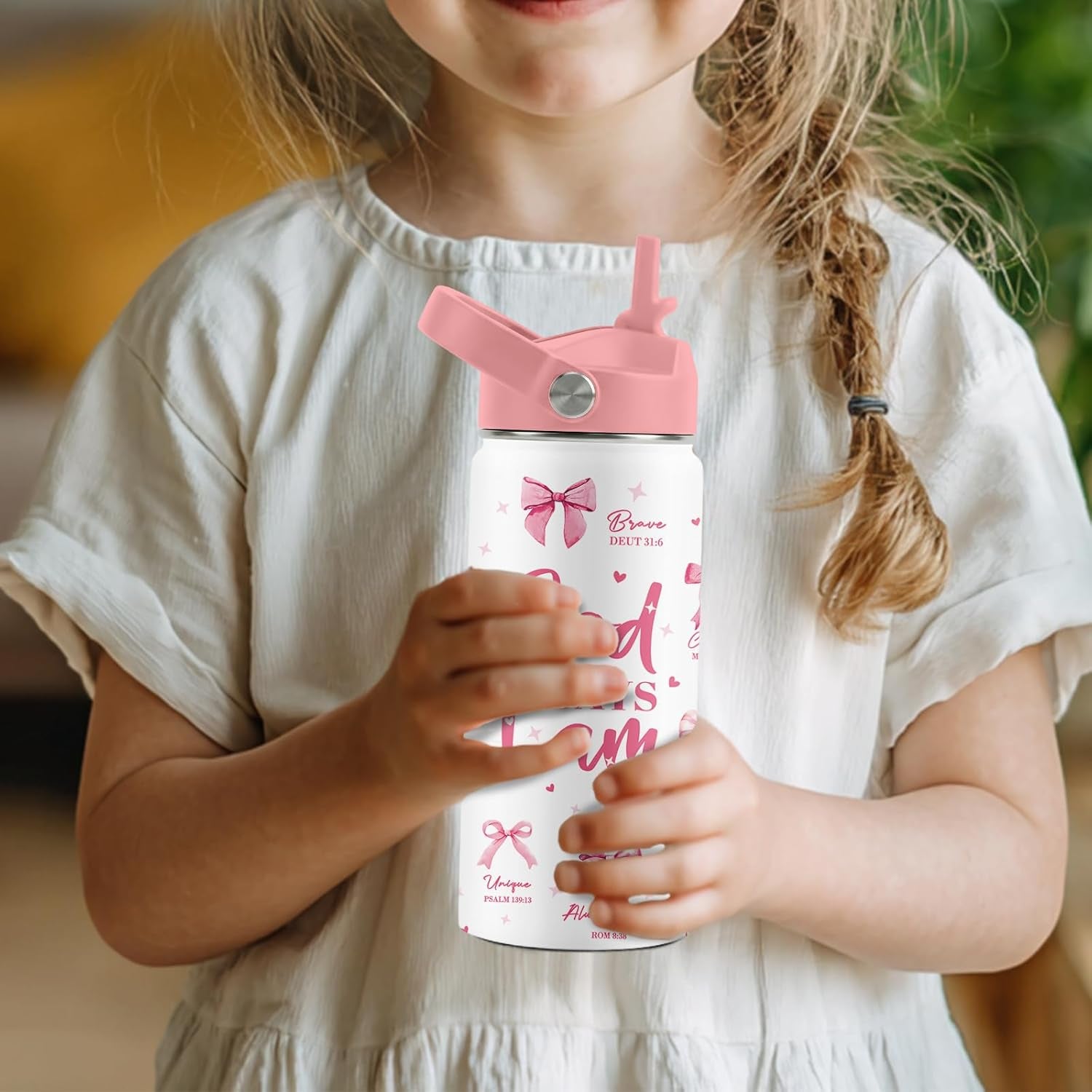 Christian Gifts, Pink Bow Water Bottle with Straw Lid, 16 Oz Insulated Stainless Steel, Christian Cups Gifts for Birthday Christmas