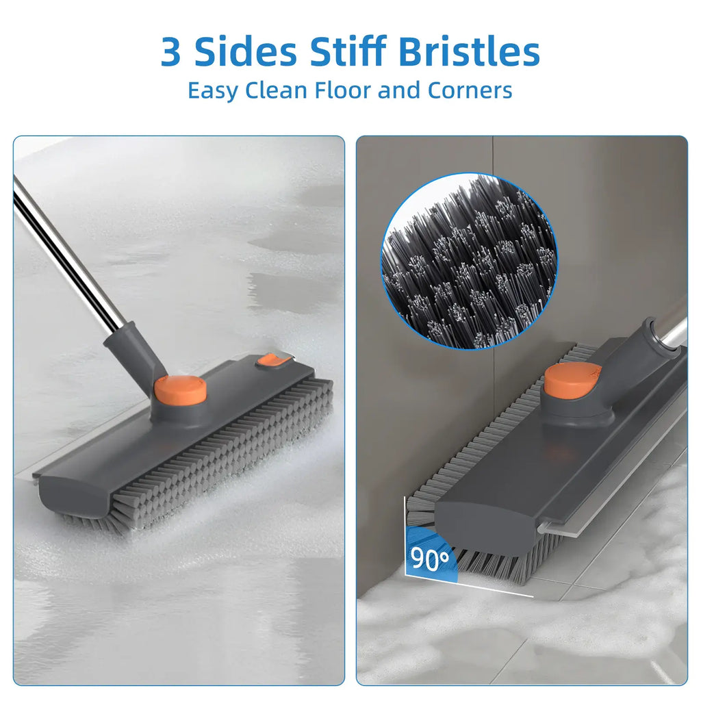 360° Rotating Floor Scrub Brush with Long Handle, 3-In-1 Scrubber & Squeegee for Bathroom, Tile, Shower, Garage and Outdoor Cleaning