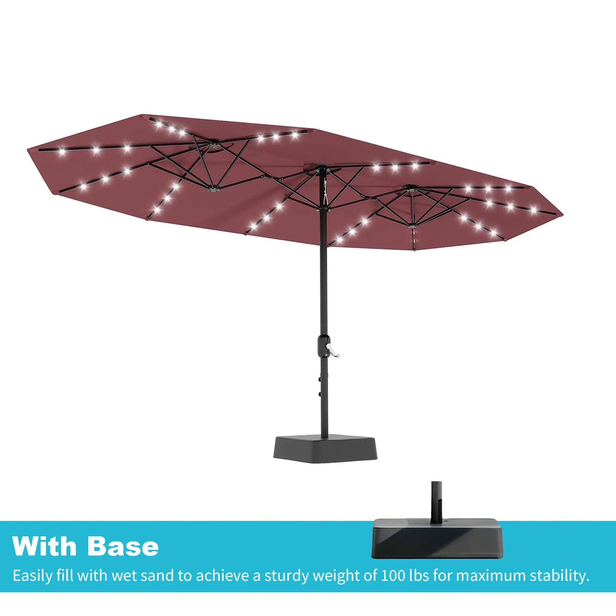 [Summervibes] Garvee 15Ft Large Outdoor Patio Umbrella with Base – LED Light Option, Double-Sided, Crank Handle, Waterproof, Comes with Weighted Base and Sandbag, Accommodates 10 People, Great for Poolside, Garden, Lawn, Backyard, Deck and Beach