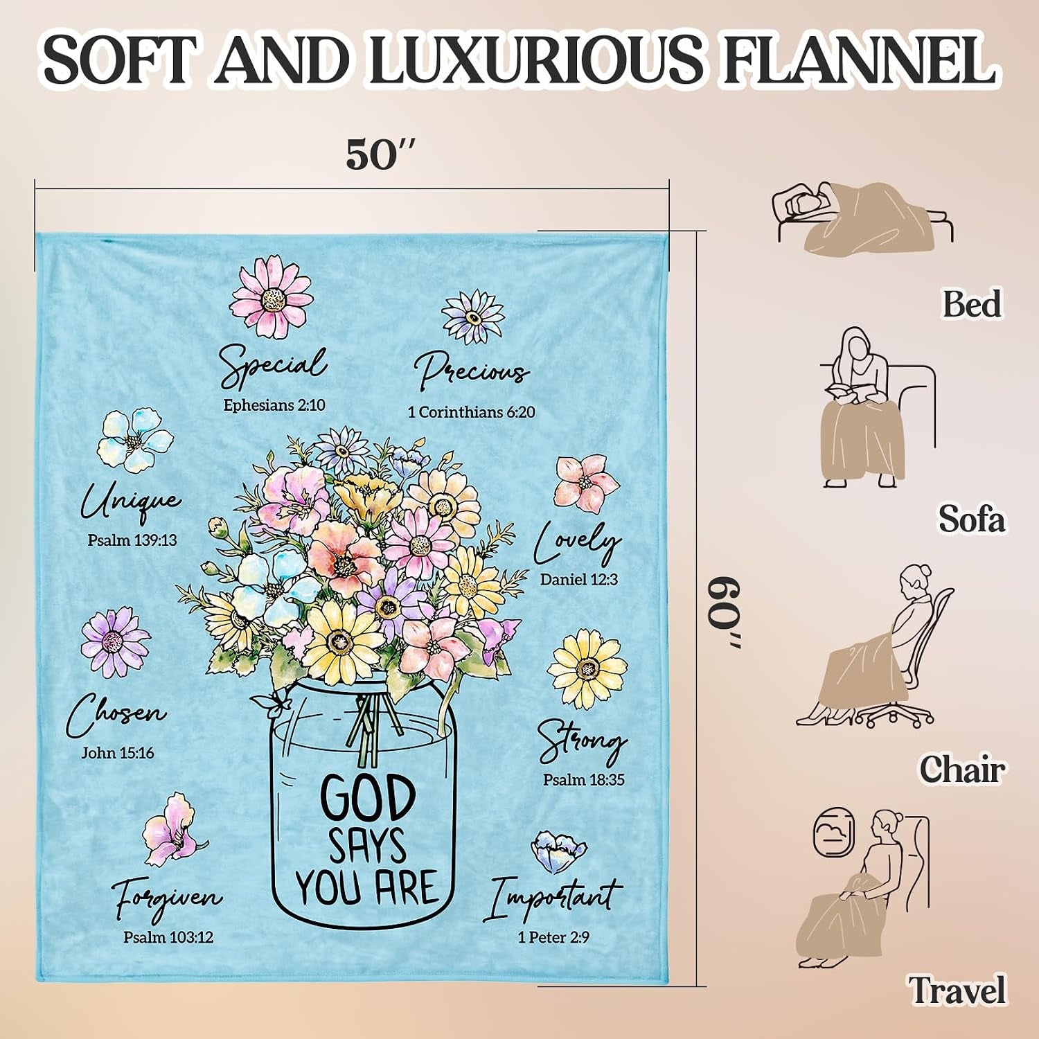 Christian Gifts for Women, Christian Blanket with Flowers 60''X 50'', Birthday Gifts for Women, Spiritual Baptism Religious Gifts for Sister, Mom, Daughter, Bestie, Soft Throw Blankets(Light Blue)