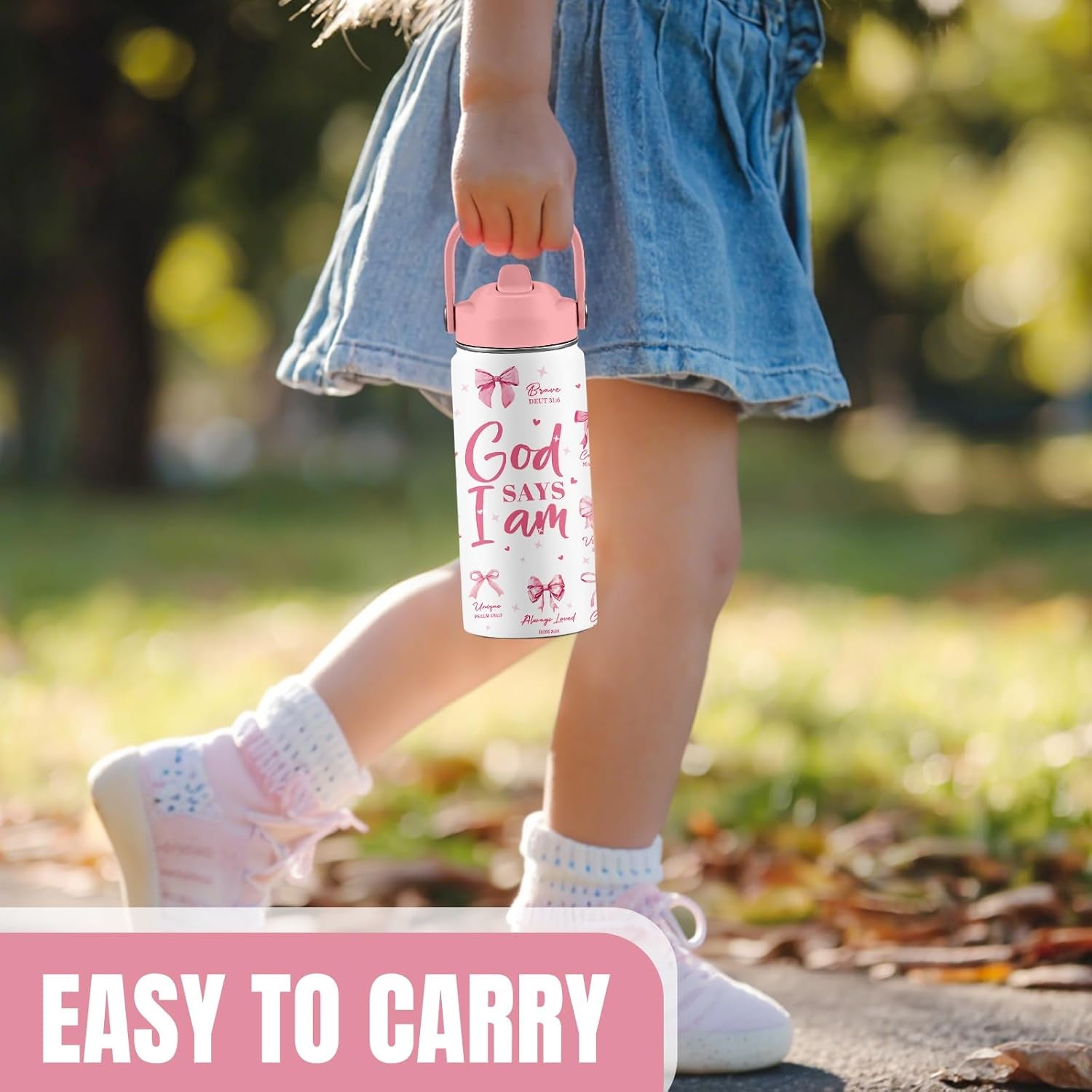 Christian Gifts, Pink Bow Water Bottle with Straw Lid, 16 Oz Insulated Stainless Steel, Christian Cups Gifts for Birthday Christmas