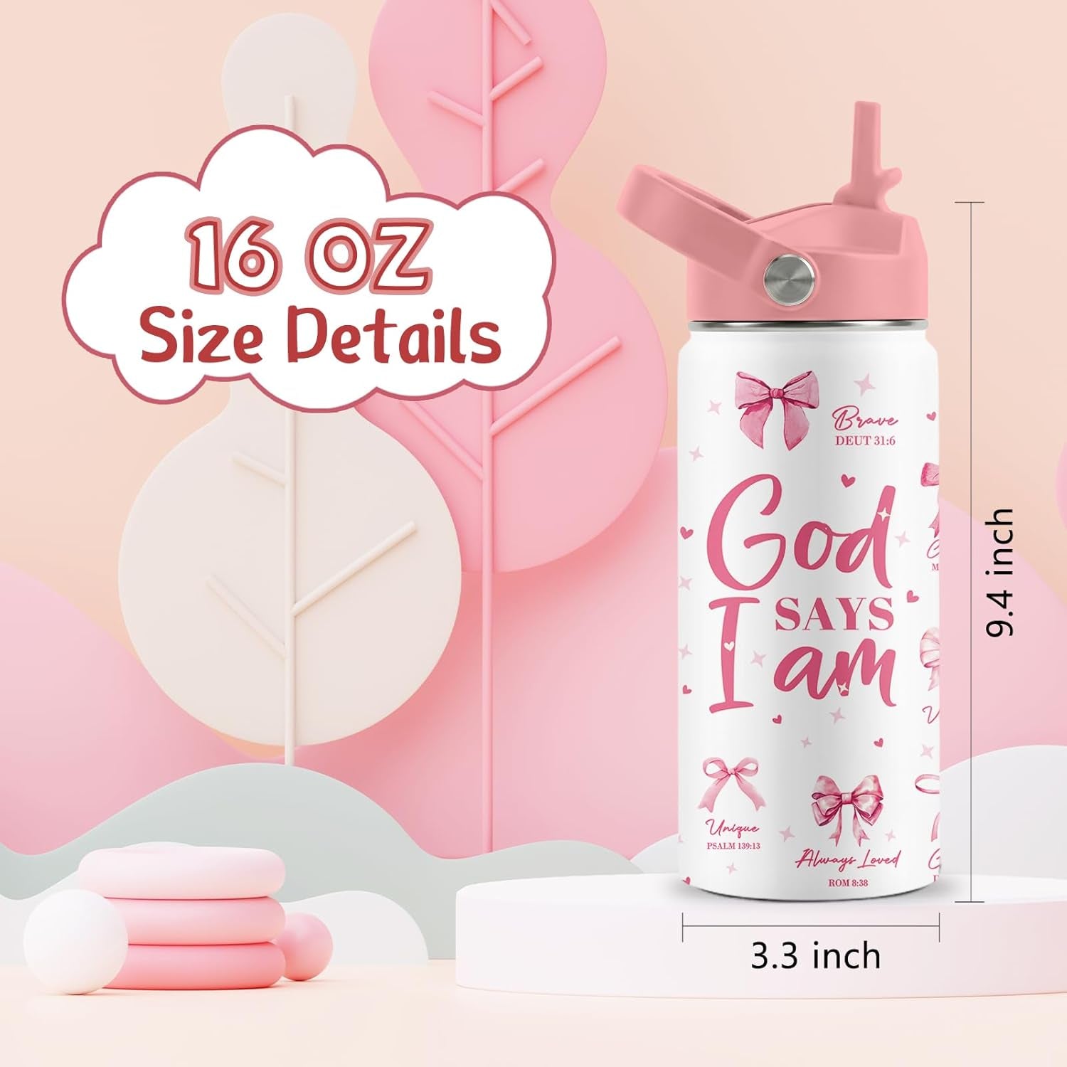 Christian Gifts, Pink Bow Water Bottle with Straw Lid, 16 Oz Insulated Stainless Steel, Christian Cups Gifts for Birthday Christmas