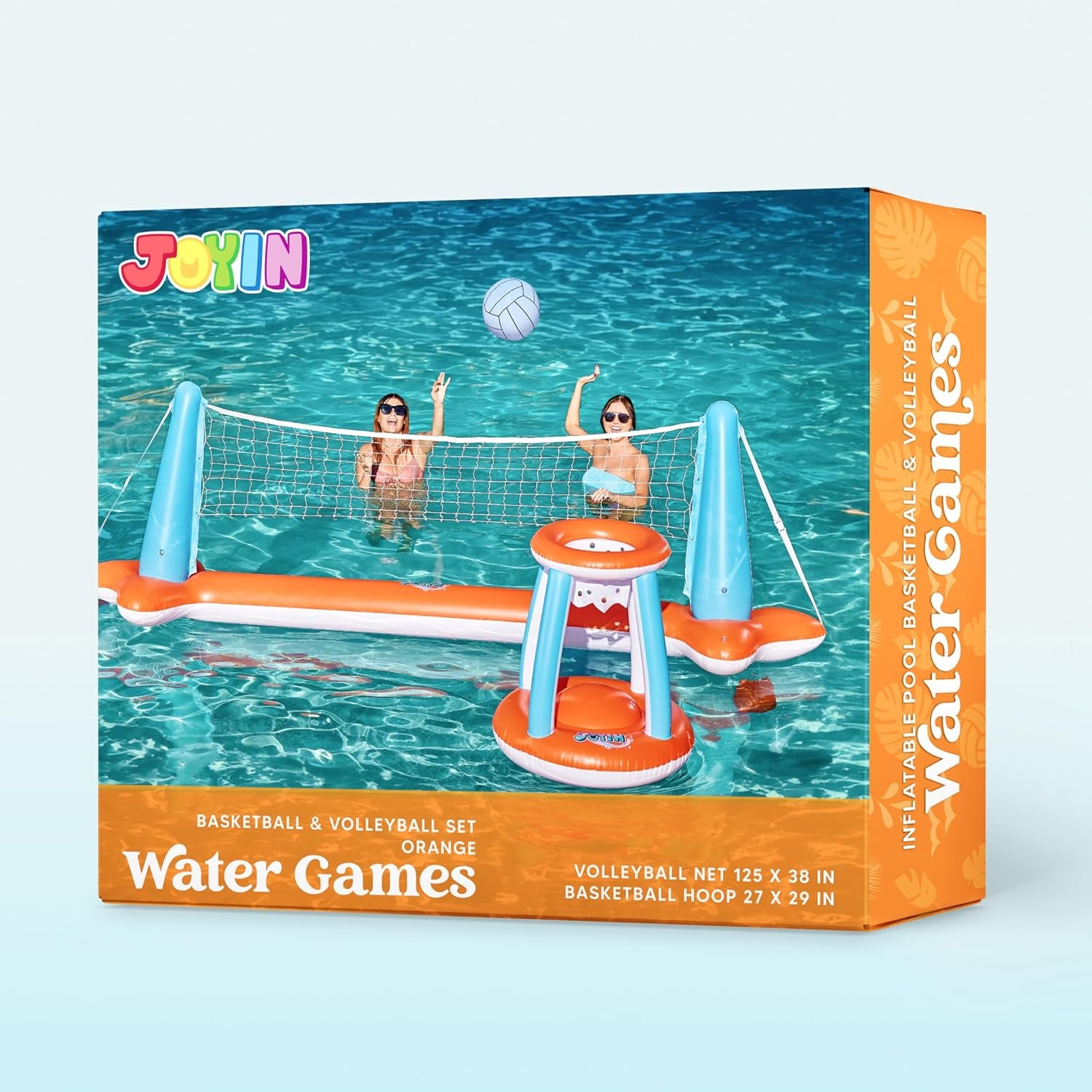 XL Inflatable Pool Float Set, 125'' Volleyball Net & Basketball Hoops, Extra Large Floating Swimming Game Toy for Kids and Adults, Summer Floaties, Volleyball Court|Basketball, Xl-Orange