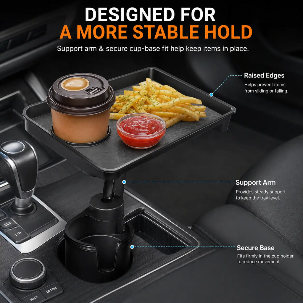 Car Cup Holder Tray Table, Rotating Food and Drink Organizer with Phone Slot, Adjustable Base for Road Trips, Lunch Breaks and Car Essentials
