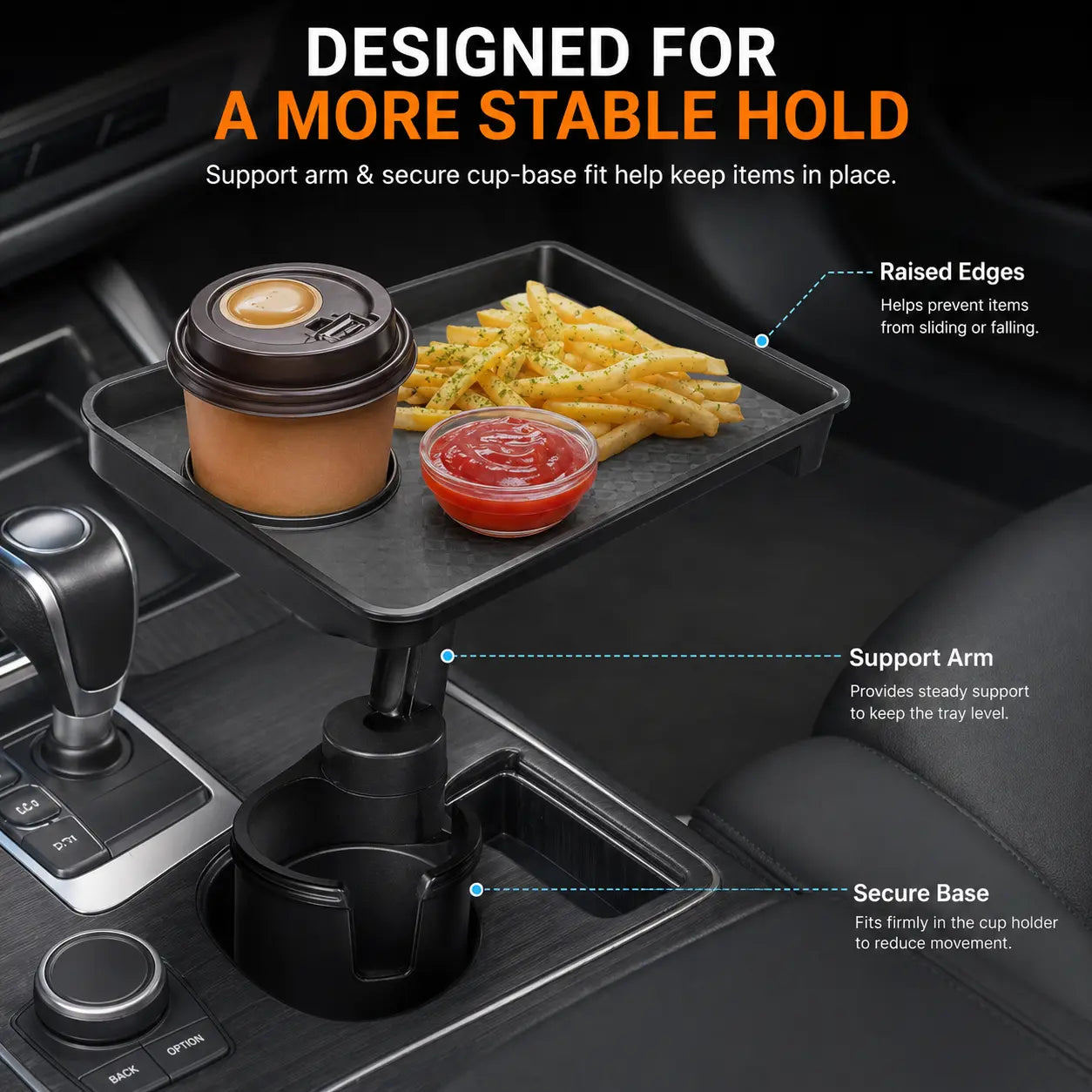 Car Cup Holder Tray Table, Rotating Food and Drink Organizer with Phone Slot, Adjustable Base for Road Trips, Lunch Breaks and Car Essentials