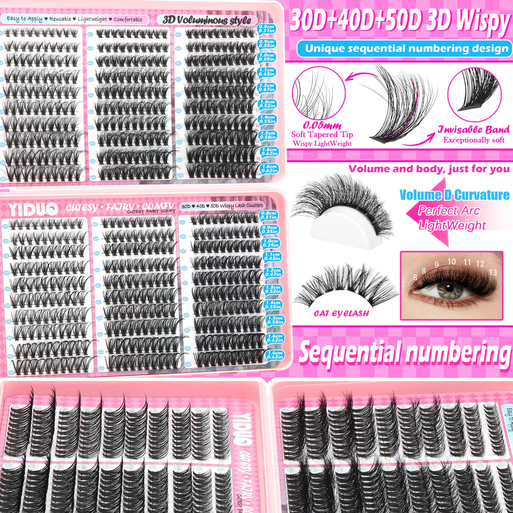 YIDUO 1560Pcs Lash Clusters Extension Kit – 9 Styles (30D/40D/50D/60D/80D/100D/150D/200D/300D), Mixed Fluffy Individual Lashes with Lash Book, Multi-Volume & High Cost-Effectiveness, Includes Bond & Seal, Beginners & Professionals Cosmetic Dealsforyoudays