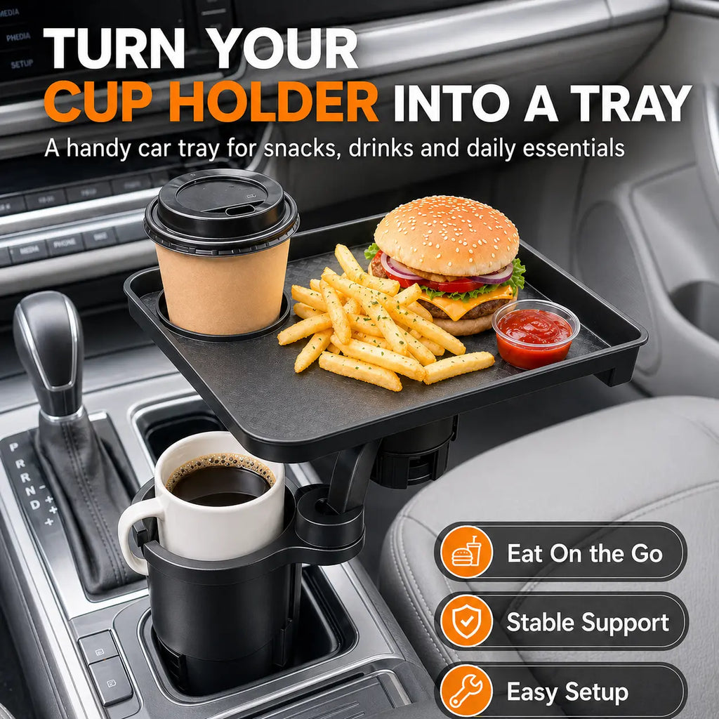 Car Cup Holder Tray Table, Rotating Food and Drink Organizer with Phone Slot, Adjustable Base for Road Trips, Lunch Breaks and Car Essentials
